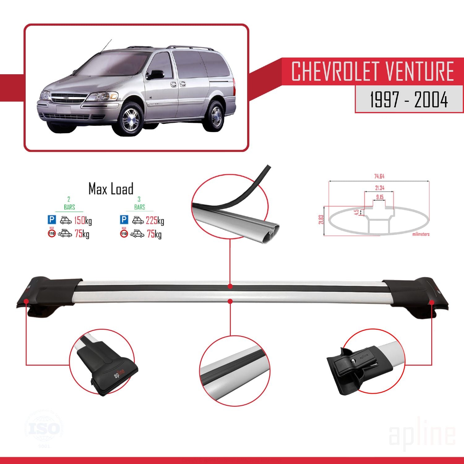 Compatible avec Chevrolet Venture 1997-2004 FLY Model Barres de Toit Railing Porte-Bagages de Voiture Gris Aluminium 4 Barres