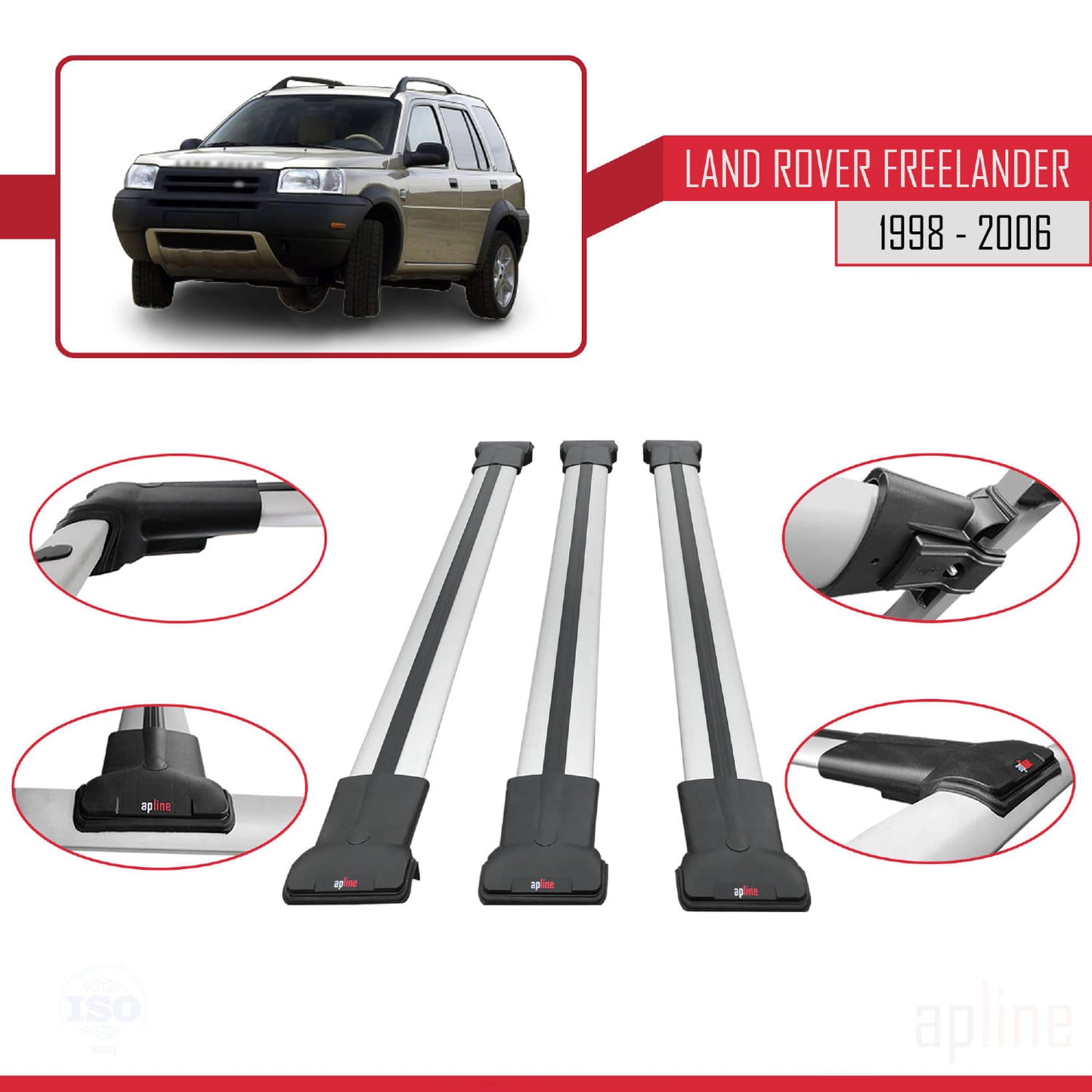 Compatible with Land Rover Freelander (L314) 1998-2006 FLY Model Car Roof Rack Cross Bar Grey Aluminium 3 Bars