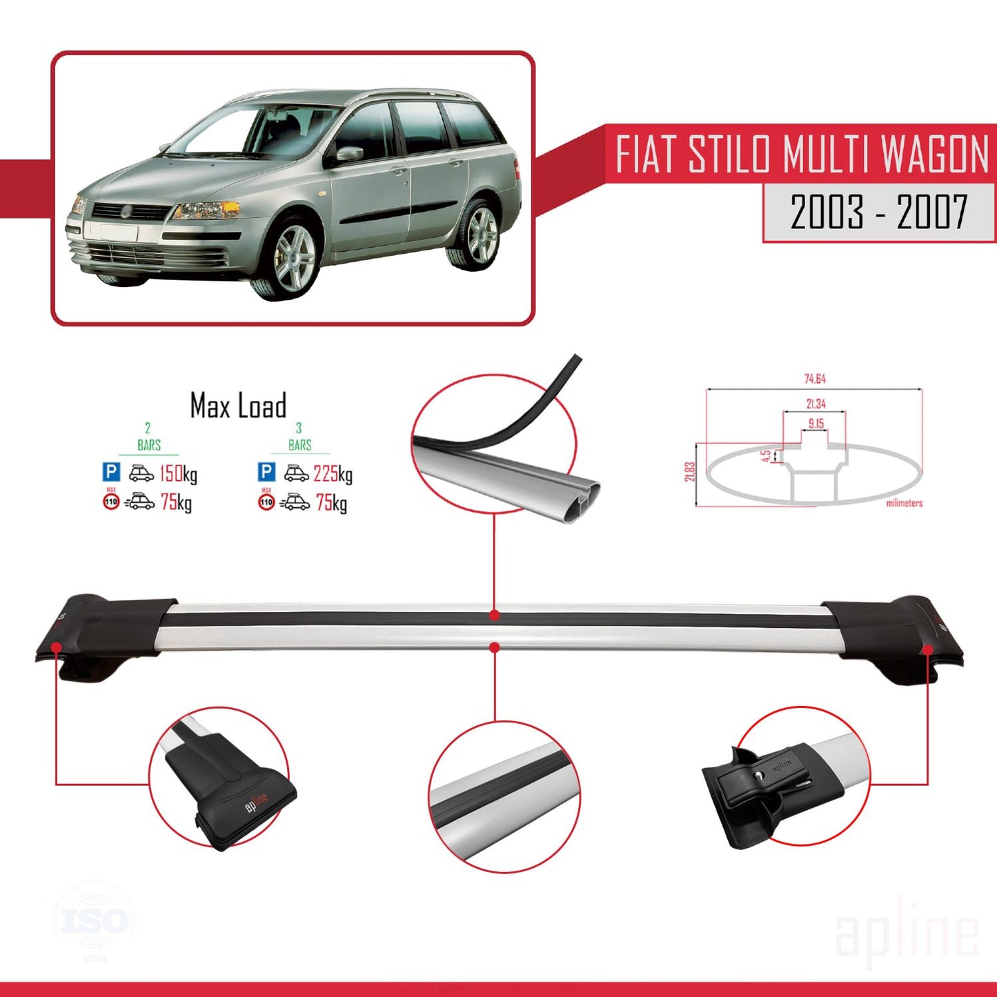 Compatible avec Fiat Stilo Multi Wagon 2003-2007 FLY Model Barres de Toit Railing Porte-Bagages de Voiture Gris Aluminium 2 Barres