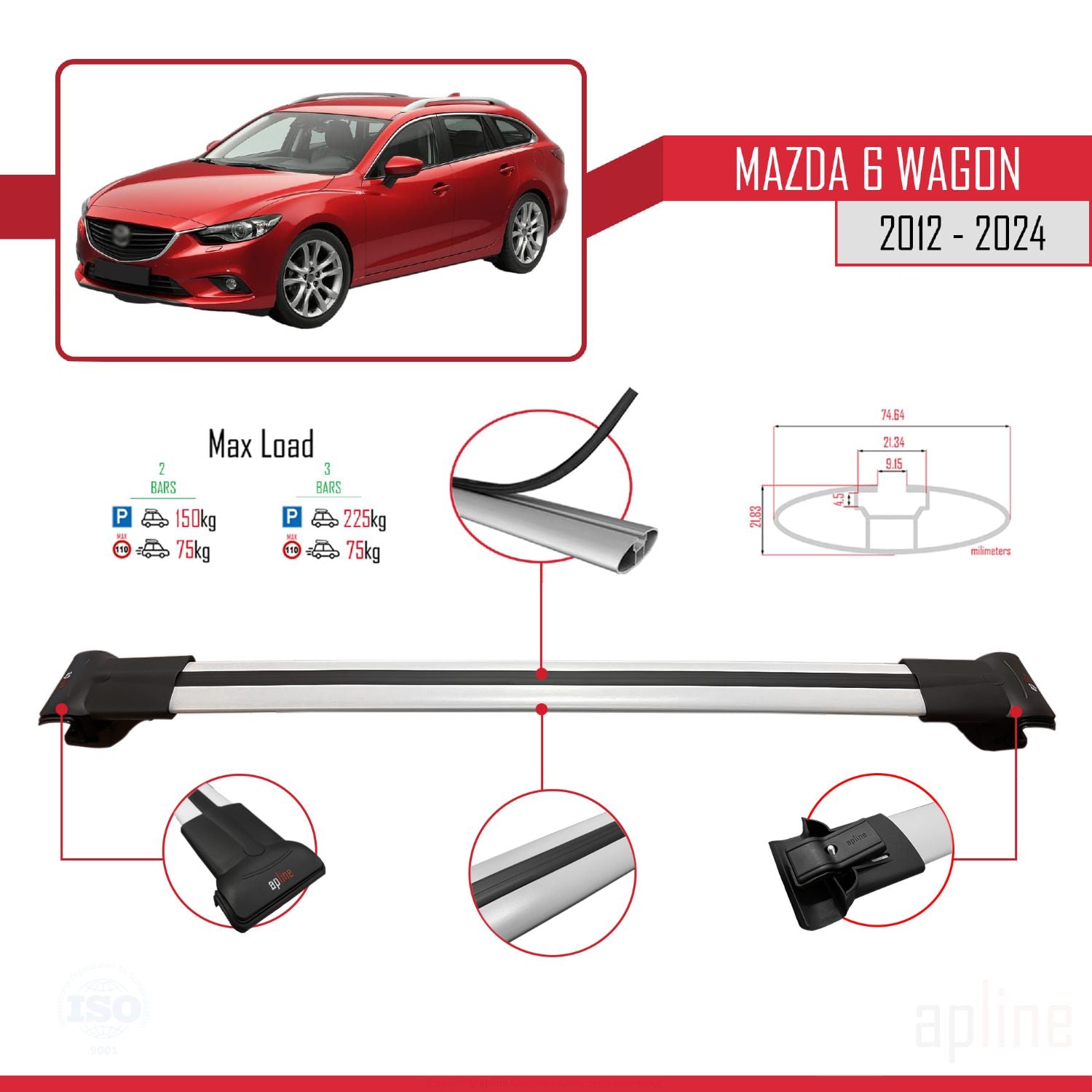 Compatible avec Mazda 6 Wagon 2012-2024 FLY Model Barres de Toit Railing Porte-Bagages de Voiture Gris Aluminium 2 Barres