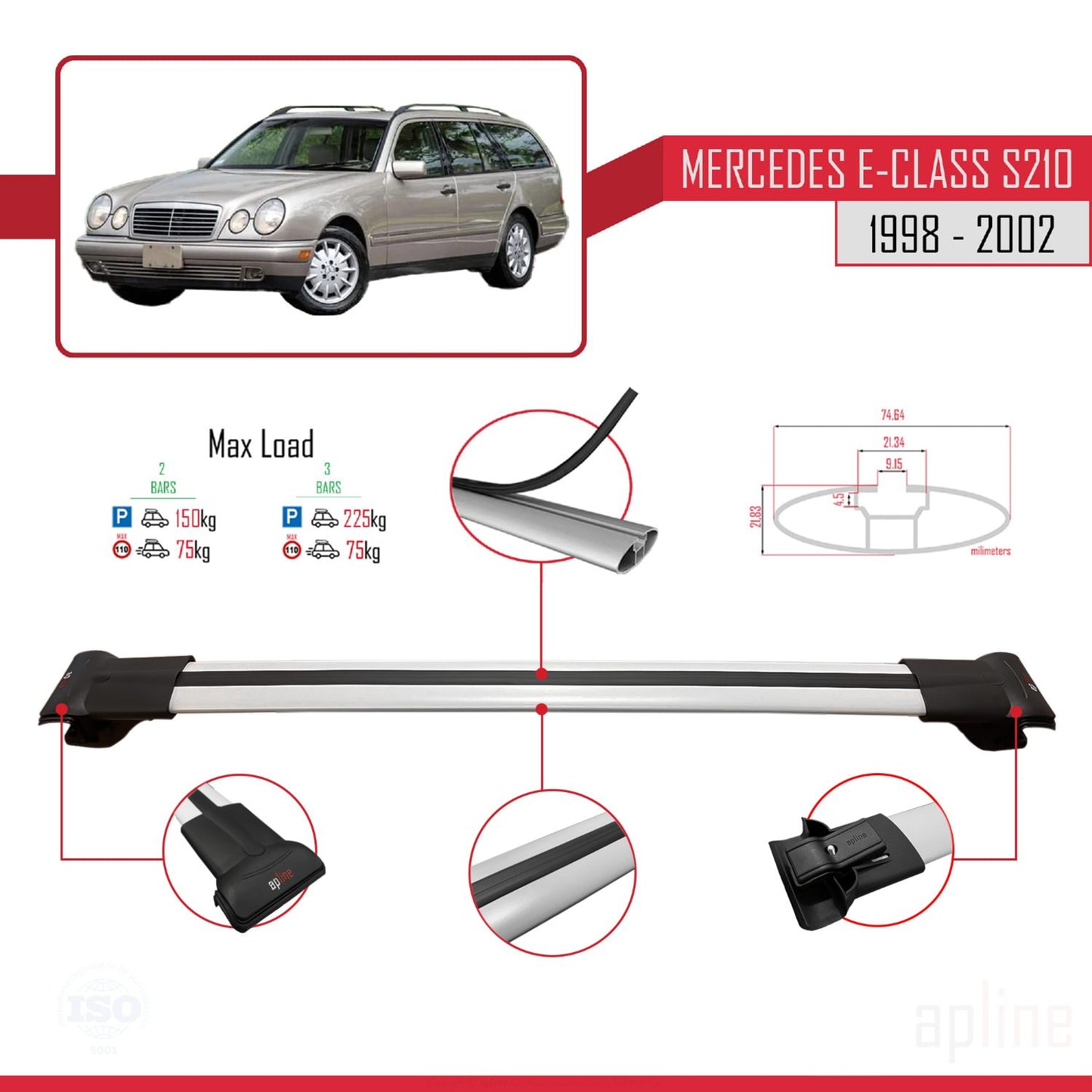 Compatible avec Mercedes E Class S210 Wagon 1998-2002 FLY Model Barres de Toit Railing Porte-Bagages de Voiture Gris Aluminium 3 Barres