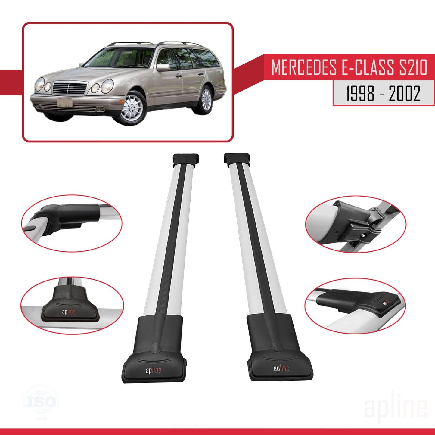 Compatible avec Mercedes E Class S210 Wagon 1998-2002 FLY Model Barres de Toit Railing Porte-Bagages de Voiture Gris Aluminium 2 Barres