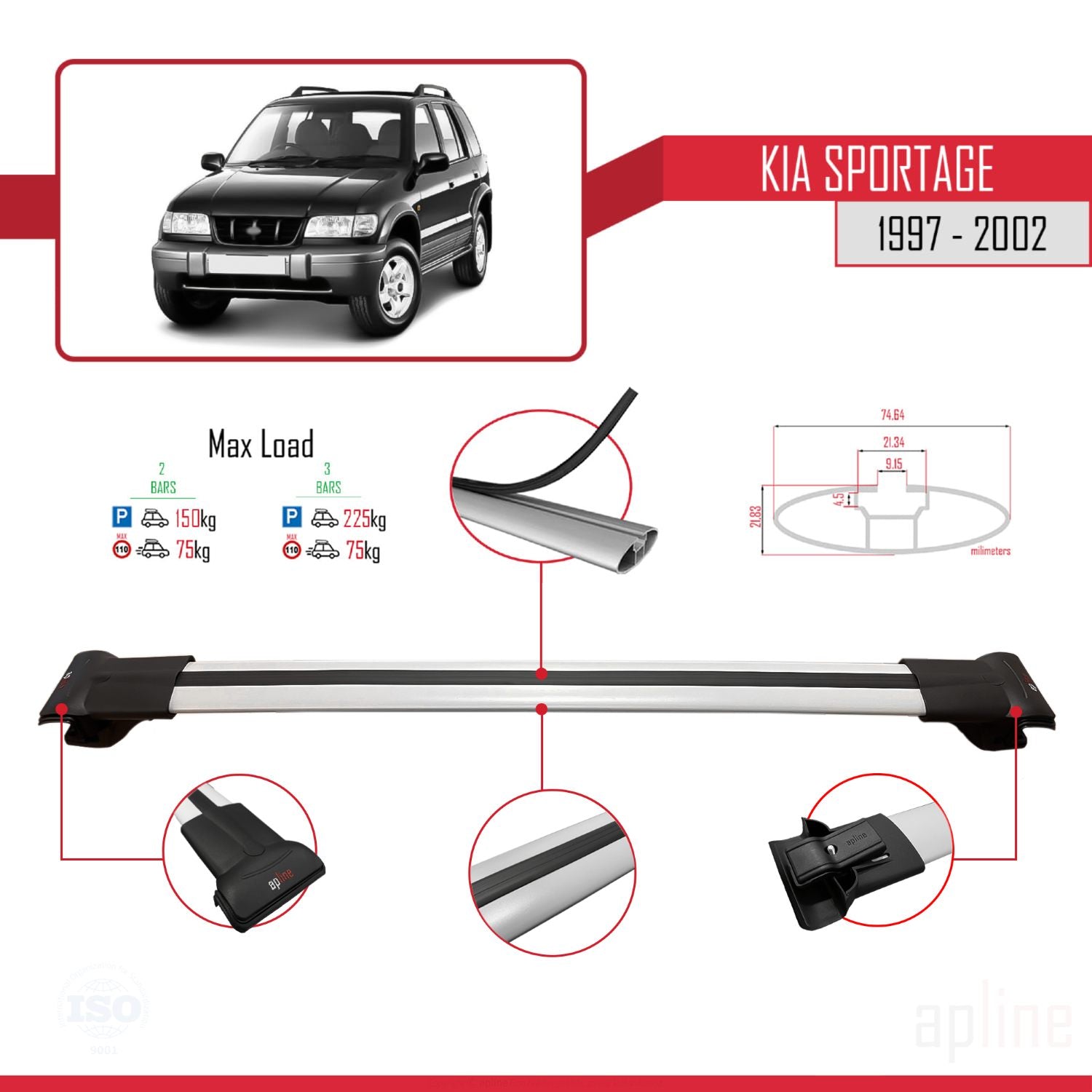 Compatible avec Kia Sportage 1997-2002 FLY Model Barres de Toit Railing Porte-Bagages de Voiture Gris Aluminium 3 Barres