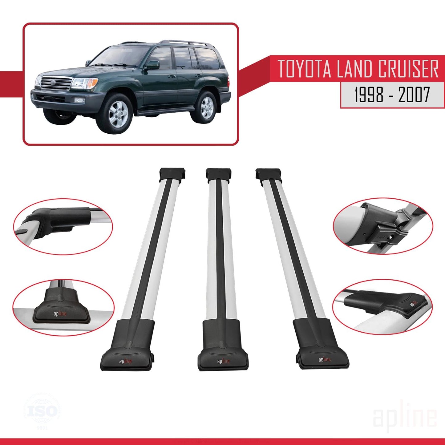 Compatible avec Toyota Land Cruiser 1998-2007 FLY Model Barres de Toit Railing Porte-Bagages de Voiture Gris Aluminium 3 Barres