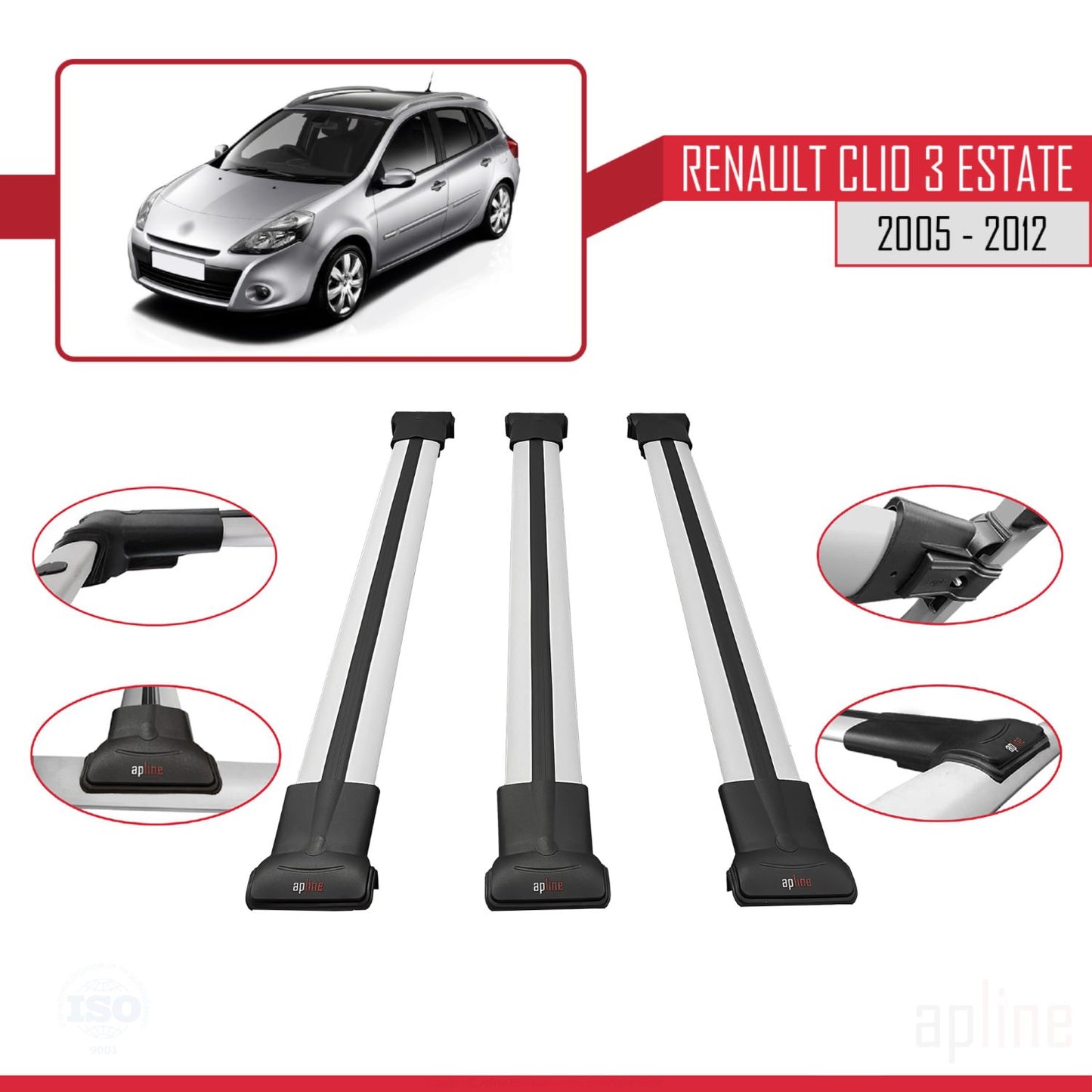 Compatible avec Renault Clio 3 Estate 2005-2012 FLY Model Barres de Toit Railing Porte-Bagages de Voiture Gris Aluminium 3 Barres