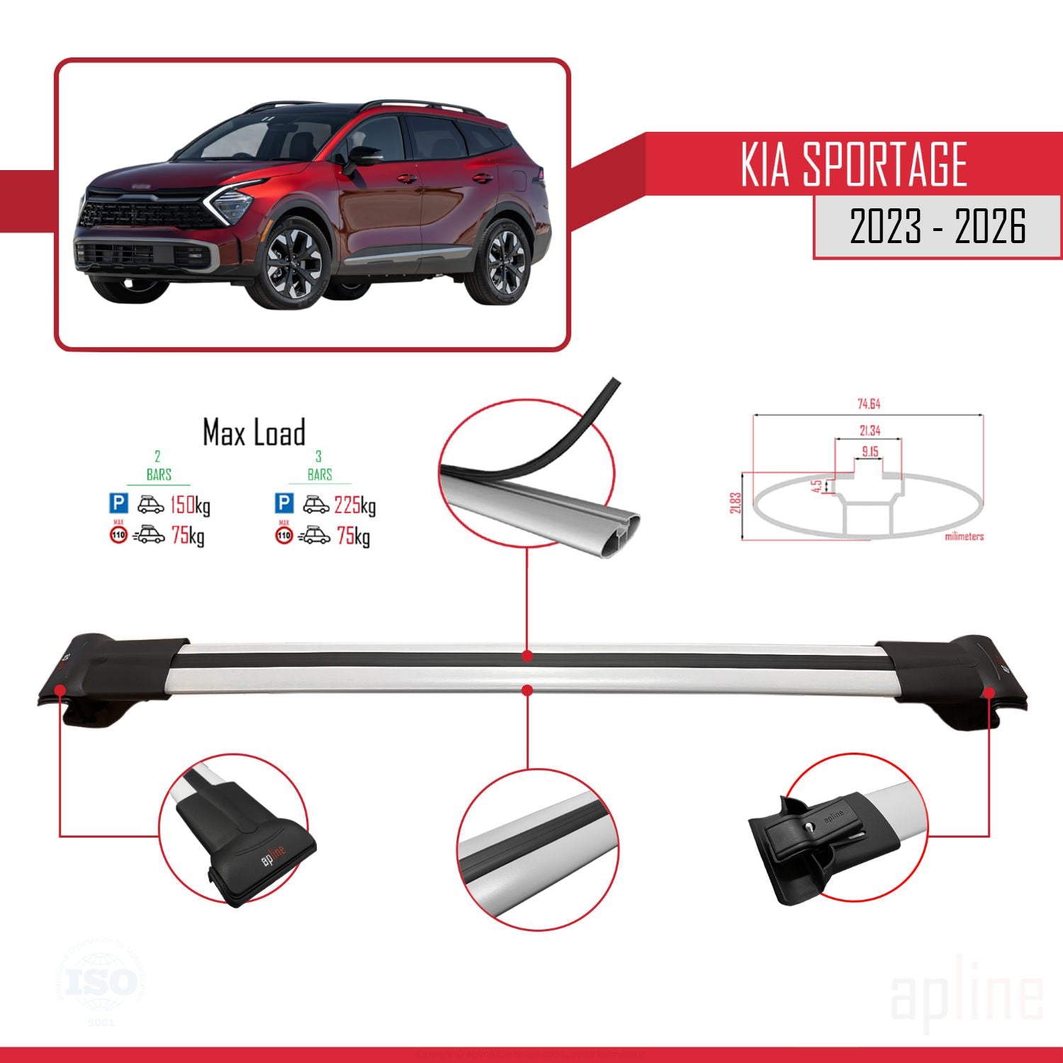 Compatible avec Kia Sportage 2023-2025 FLY Model Barres de Toit Railing Porte-Bagages de Voiture Gris Aluminium 2 Barres