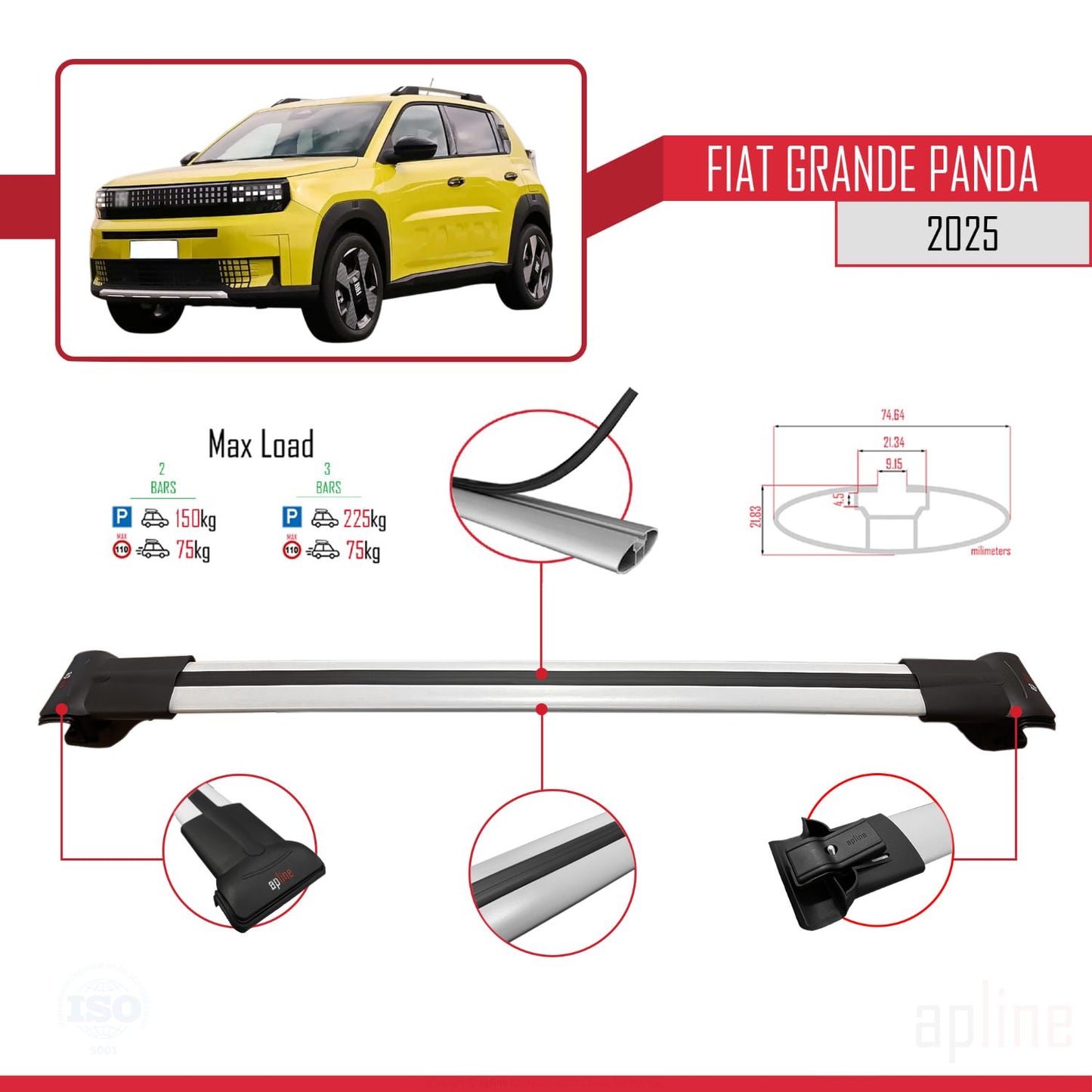 Compatible avec Fiat Grande Panda 2025-2025 FLY Model Barres de Toit Railing Porte-Bagages de Voiture Gris Aluminium 3 Barres