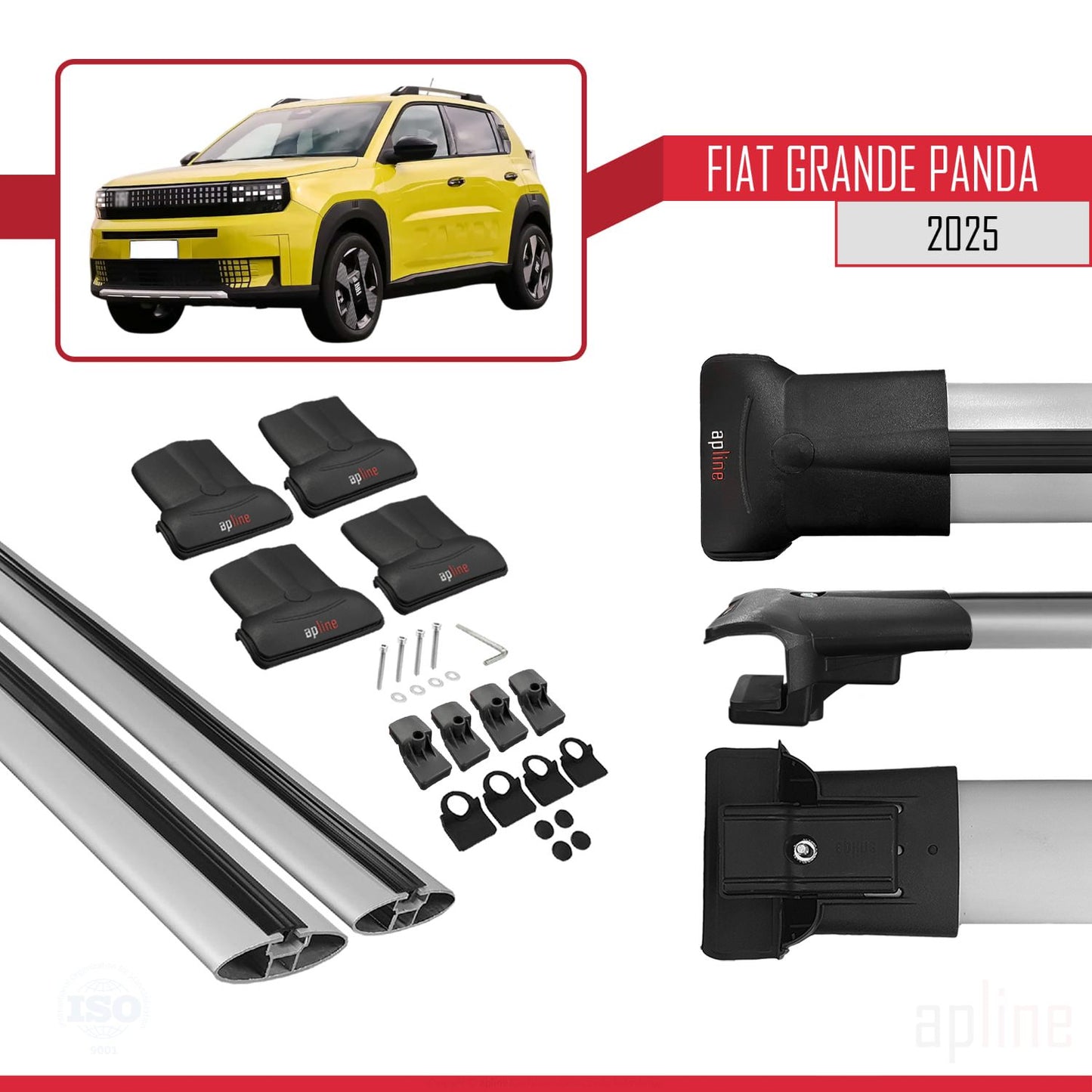 Compatible avec Fiat Grande Panda 2025-2025 FLY Model Barres de Toit Railing Porte-Bagages de Voiture Gris Aluminium 2 Barres