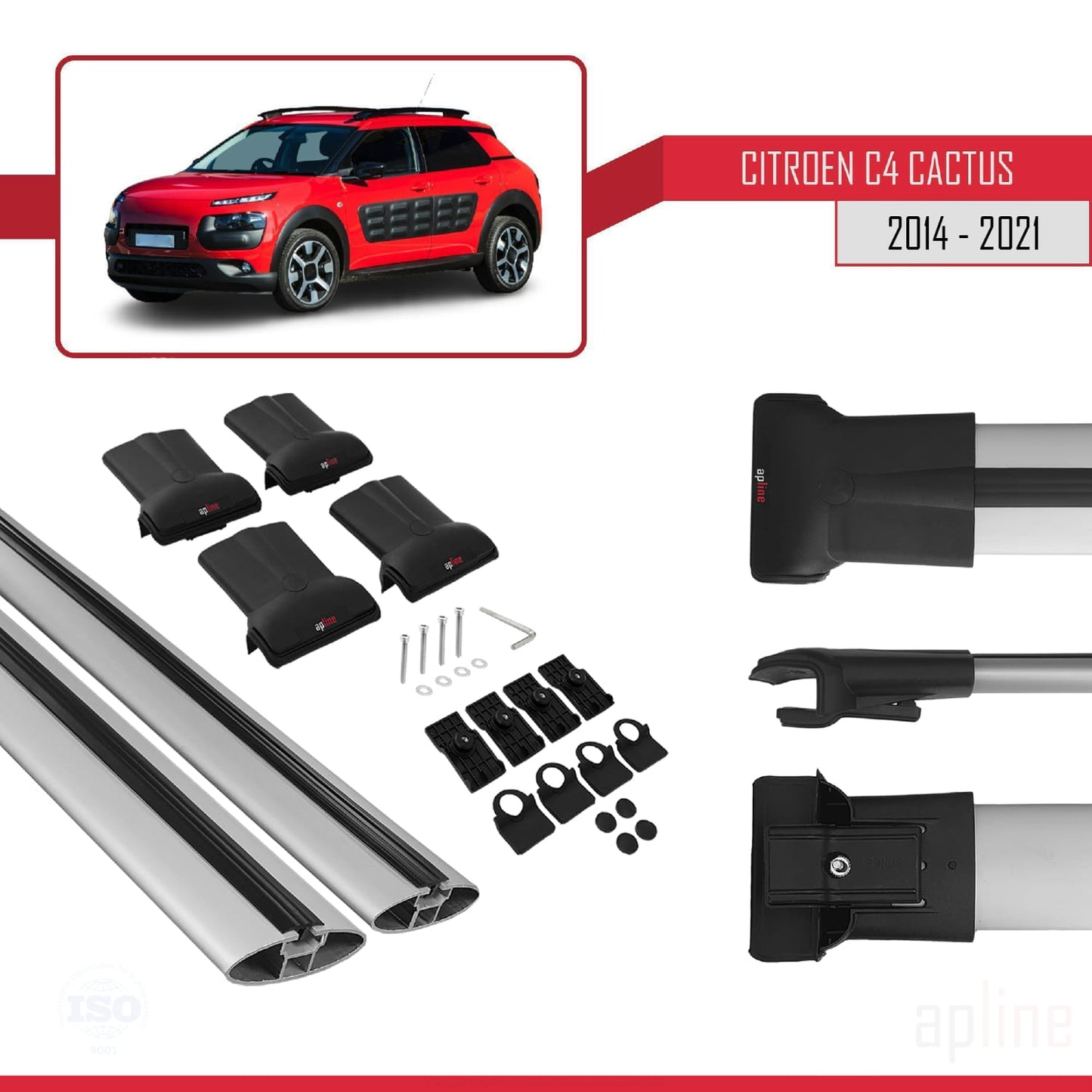 Kompatibel mit Citroen C4 Cactus 2014-2021 FLY Modell Dachgepäckträger, graues Aluminium, 2 Stangen