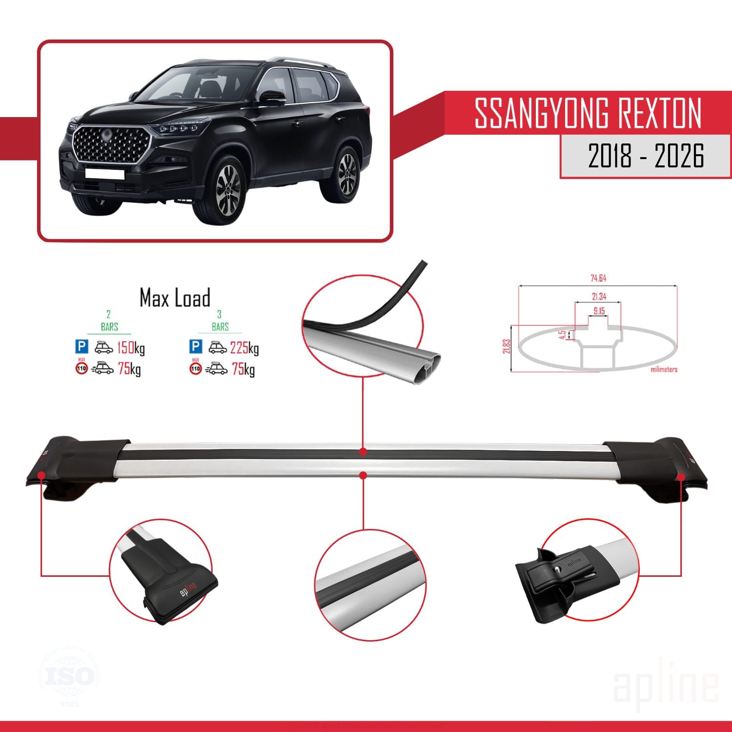 Compatible avec SsangYong Rexton 2018-2025 FLY Model Barres de Toit Railing Porte-Bagages de Voiture Gris Aluminium 2 Barres