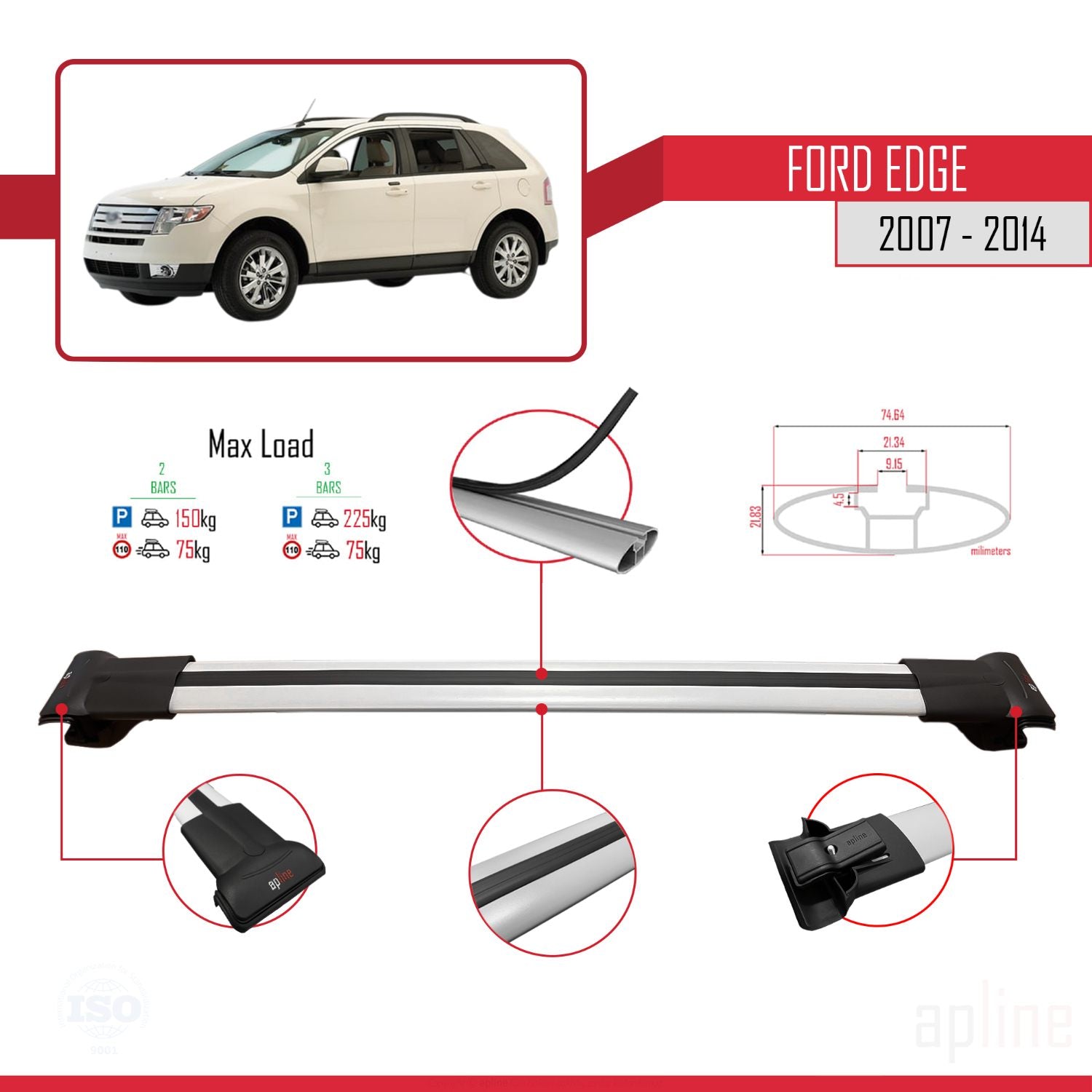Compatible avec Ford Edge 2007-2014 FLY Model Barres de Toit Railing Porte-Bagages de Voiture Gris Aluminium 3 Barres