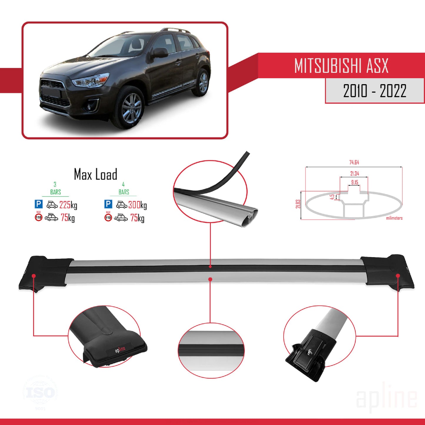 Compatible with Mitsubishi ASX (GA) 2010-2022 FLY Model Car Roof Rack Cross Bar Grey Aluminium 3 Bars