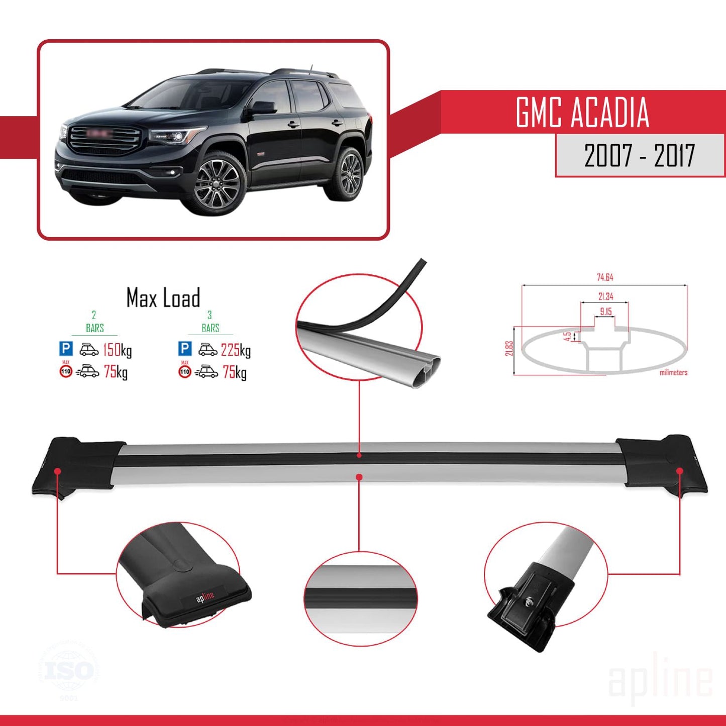 Compatible with GMC Acadia 2007-2017 FLY Model Car Roof Rack Cross Bar Grey Aluminium 2 Bars