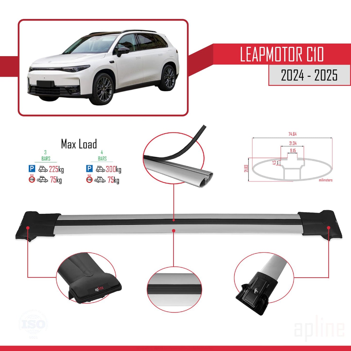 Compatible with LEAPMOTOR C10 2024-2025 FLY Model Car Roof Rack Cross Bar Grey Aluminium 3 Bars