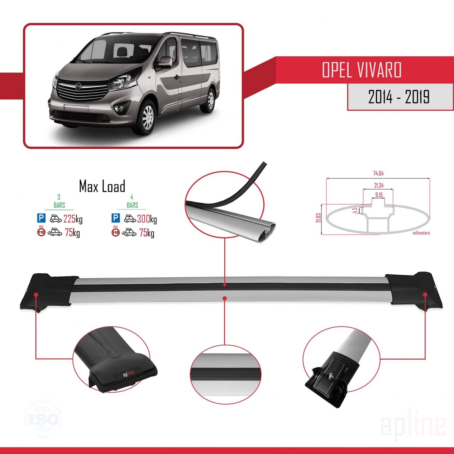 Compatible avec Opel Vivaro B 2014-2019 FLY Model Barres de Toit Railing Porte-Bagages de Voiture Gris Aluminium 3 Barres