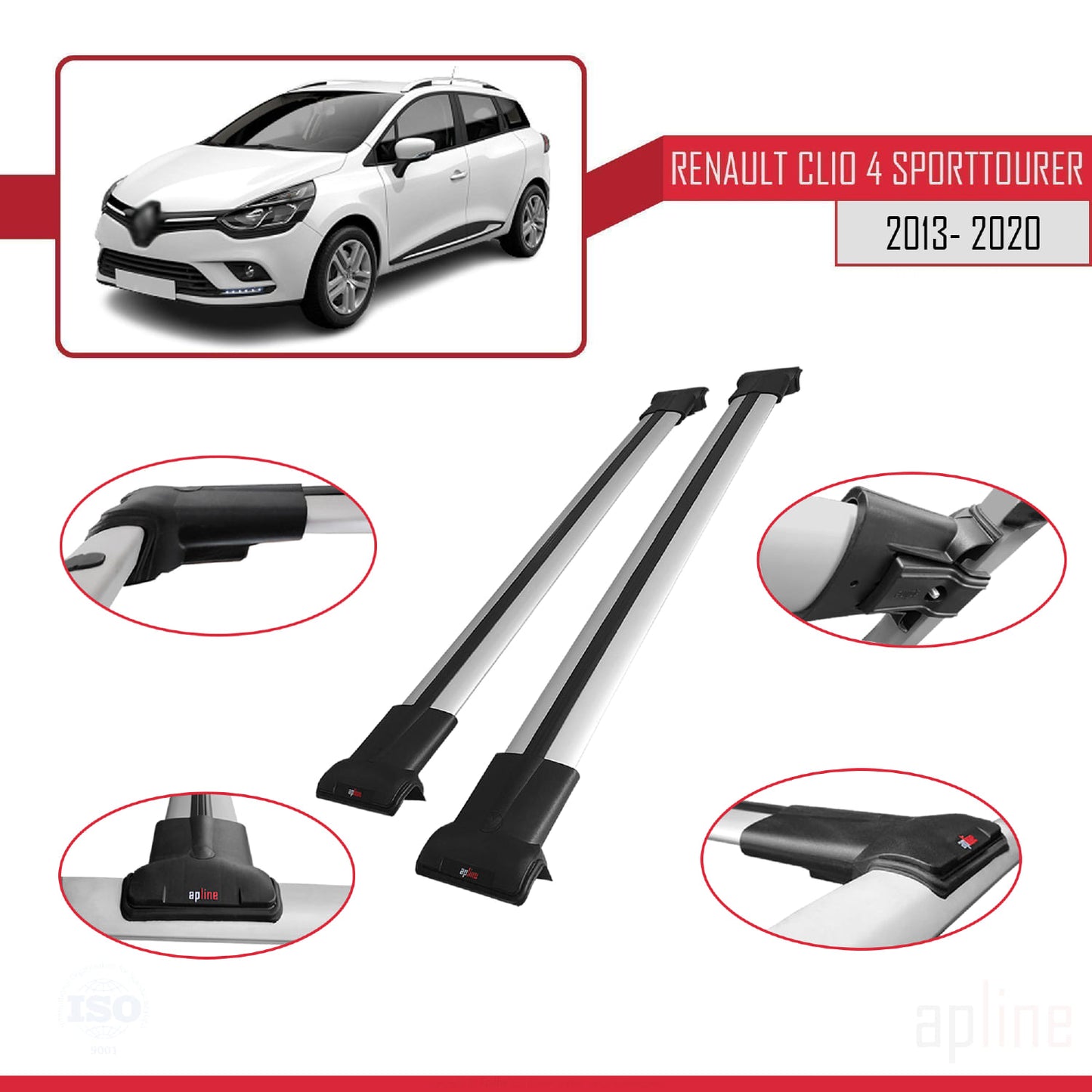 Compatible with Renault Clio 4 ST 2013-2020 FLY Model Car Roof Rack Cross Bar Grey Aluminium 2 Bars