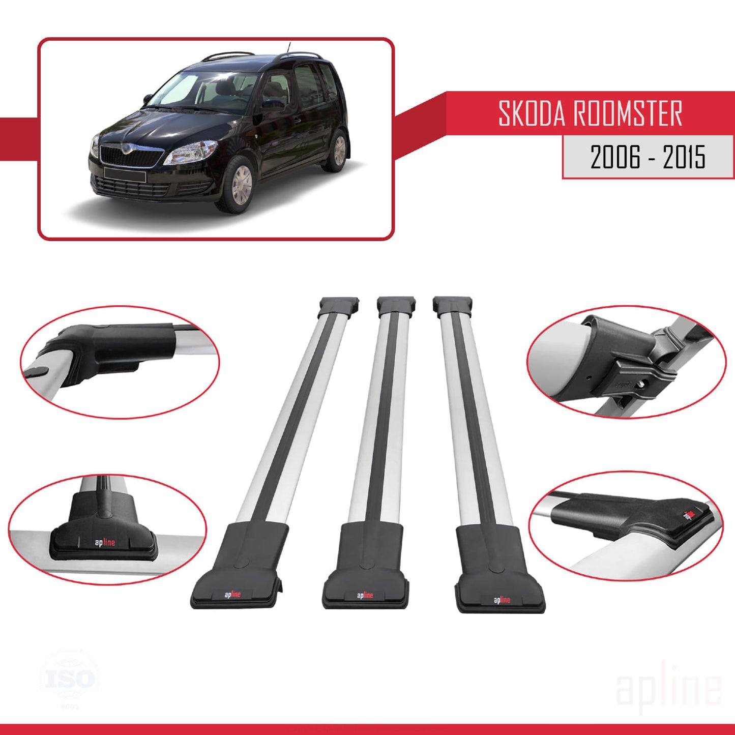 Compatible avec Skoda Roomster 2006-2015 FLY Model Barres de Toit Railing Porte-Bagages de Voiture Gris Aluminium 3 Barres