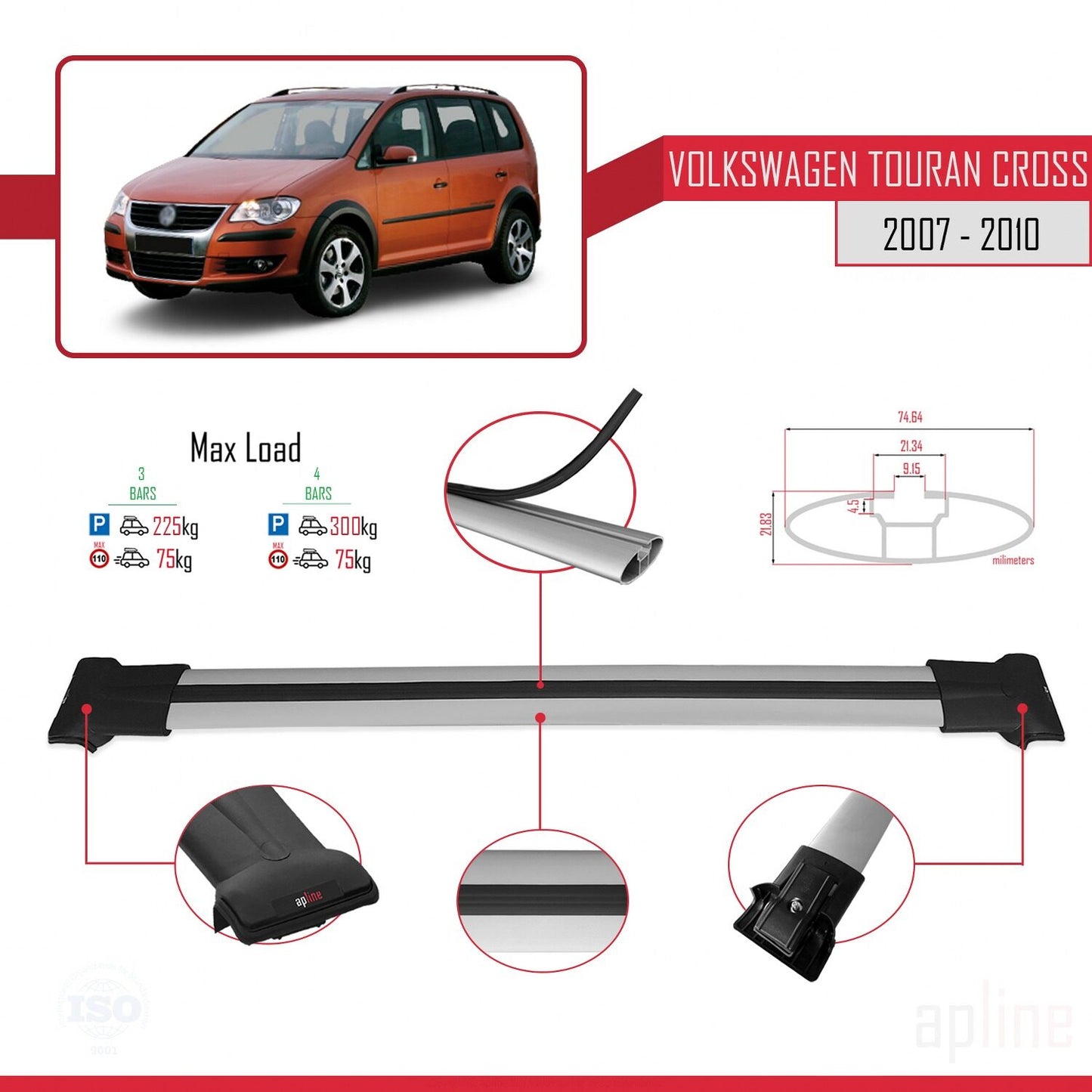 Compatible avec Volkswagen Touran Cross Pre-Facelift 2007-2010 FLY Model Barres de Toit Railing Porte-Bagages de Voiture Gris Aluminium 3 Barres
