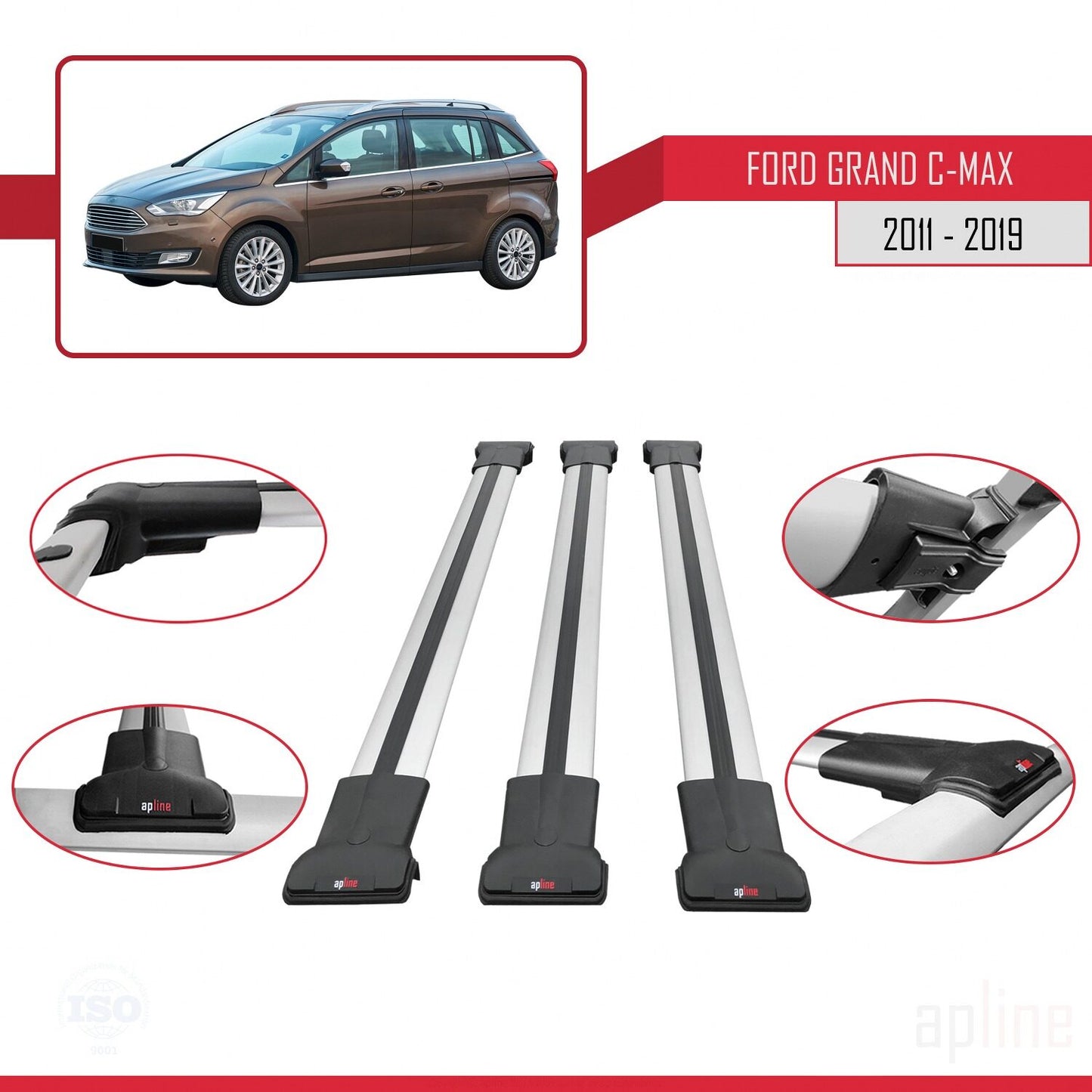 Compatible avec Ford Grand C-Max (C344) 2011-2019 FLY Model Barres de Toit Railing Porte-Bagages de Voiture Gris Aluminium 3 Barres