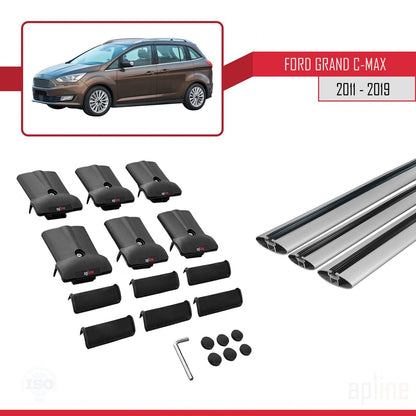 Compatible avec Ford Grand C-Max (C344) 2011-2019 FLY Model Barres de Toit Railing Porte-Bagages de Voiture Gris Aluminium 3 Barres