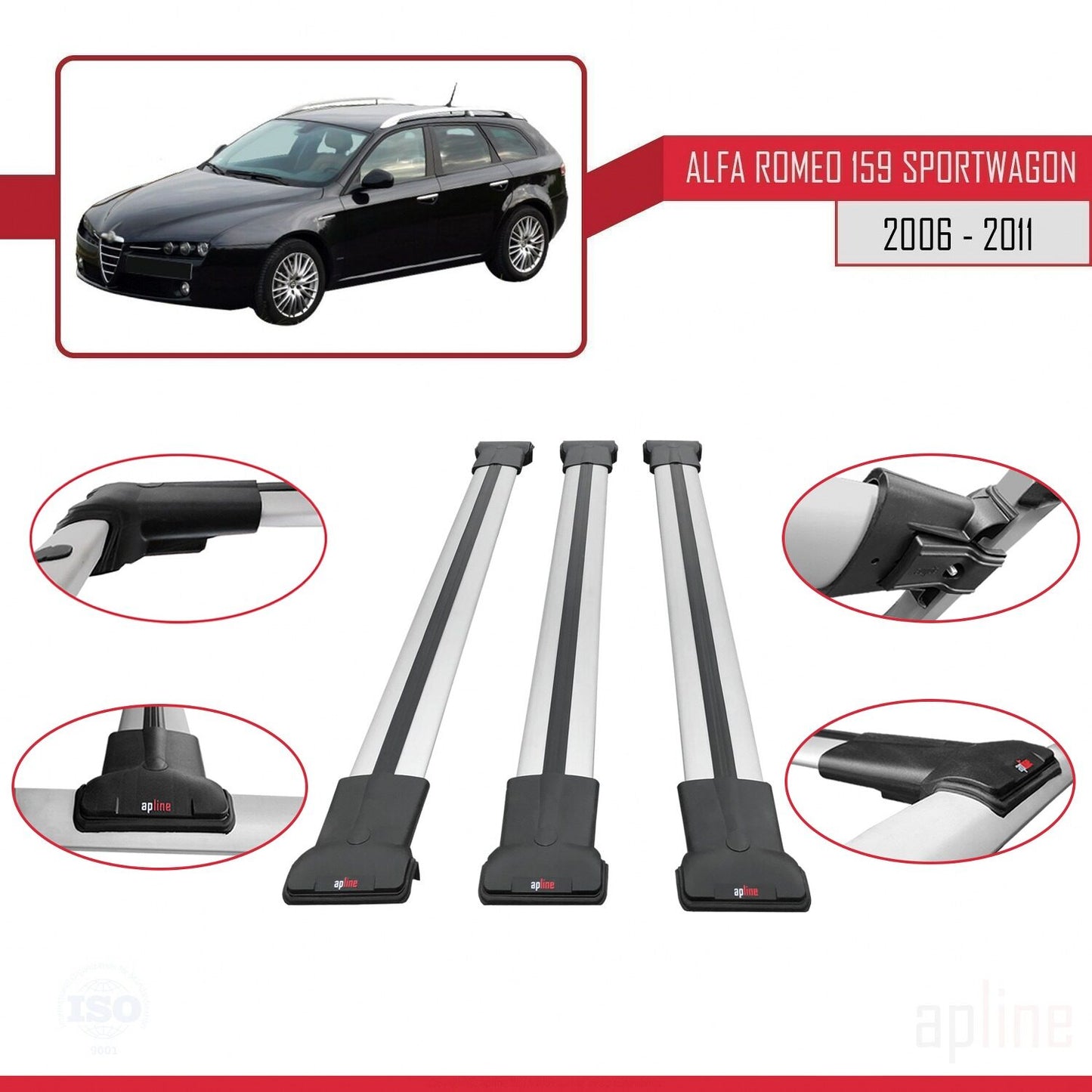 Compatible avec Alfa Romeo 159 (T939) Break 2006-2011 FLY Model Barres de Toit Railing Porte-Bagages de Voiture Gris Aluminium 3 Barres