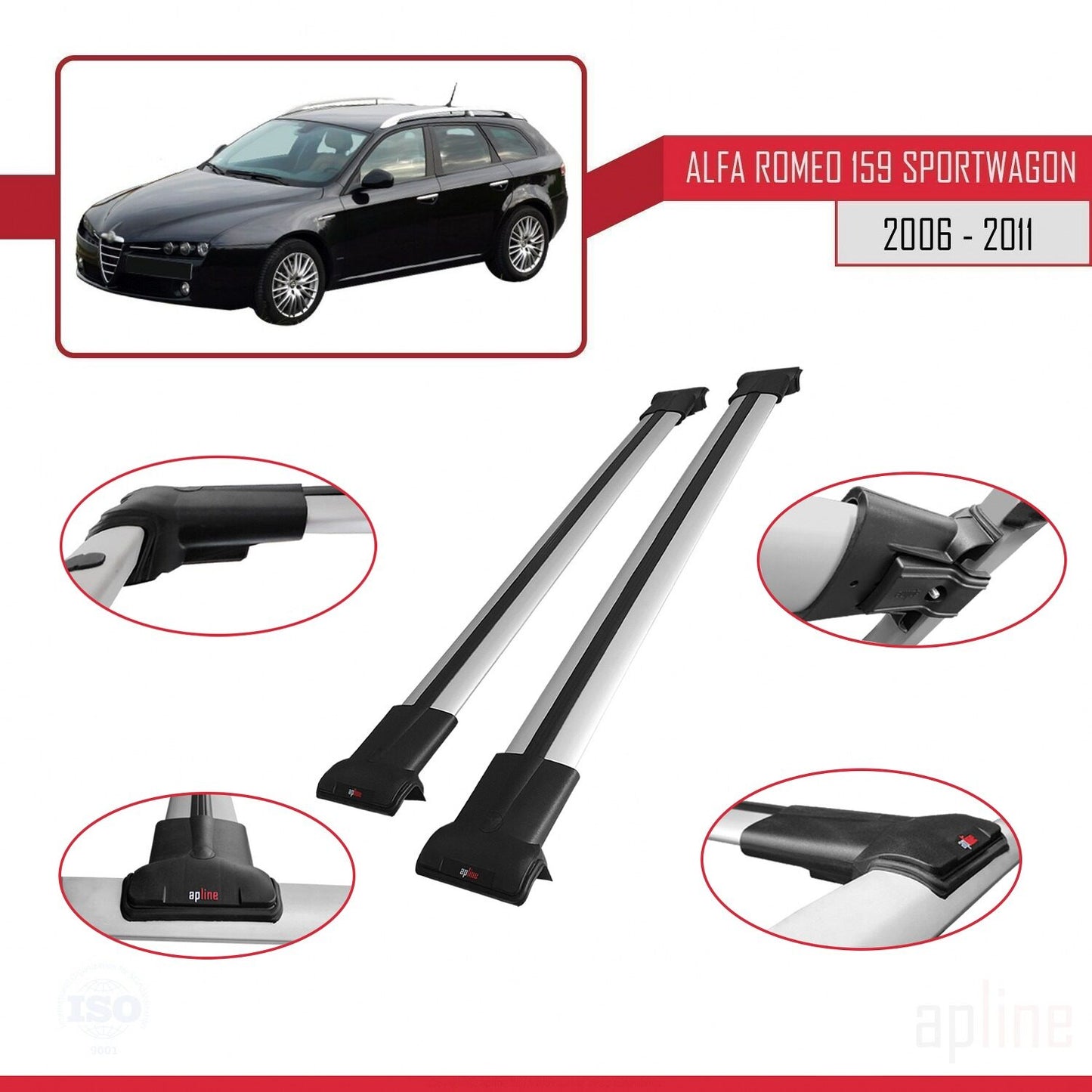 Compatible avec Alfa Romeo 159 (T939) Break 2006-2011 FLY Model Barres de Toit Railing Porte-Bagages de Voiture Gris Aluminium 2 Barres