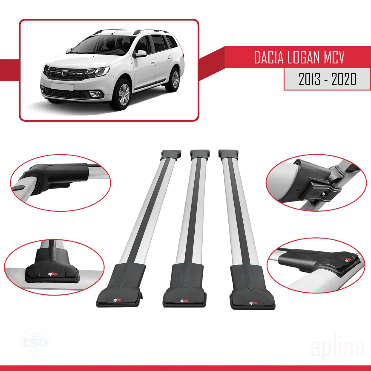 Compatible avec Dacia Logan 2 MCV (K52) 2013-2020 FLY Model Barres de Toit Railing Porte-Bagages de Voiture Gris Aluminium 3 Barres
