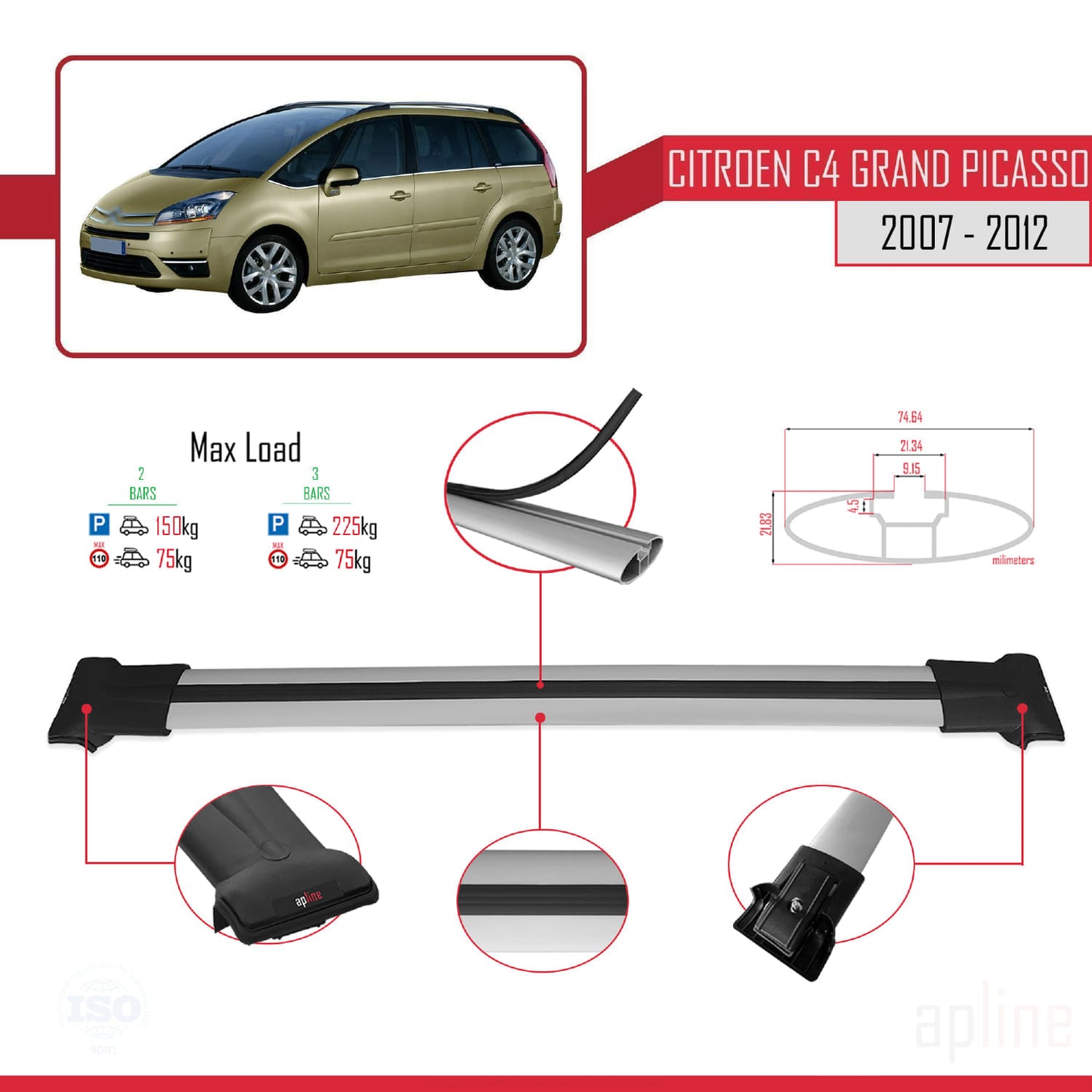 Compatible avec Citroen Grand C4 Picasso 2007-2012 FLY Model Barres de Toit Railing Porte-Bagages de Voiture Gris Aluminium 2 Barres