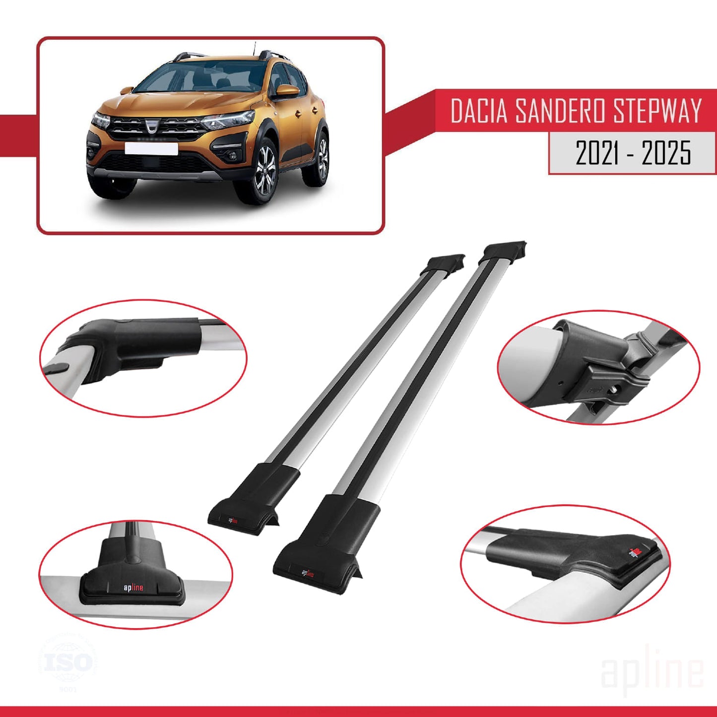 Compatible avec Dacia Sandero Stepway 3 2021-2025 FLY Model Barres de Toit Railing Porte-Bagages de Voiture Gris Aluminium 2 Barres