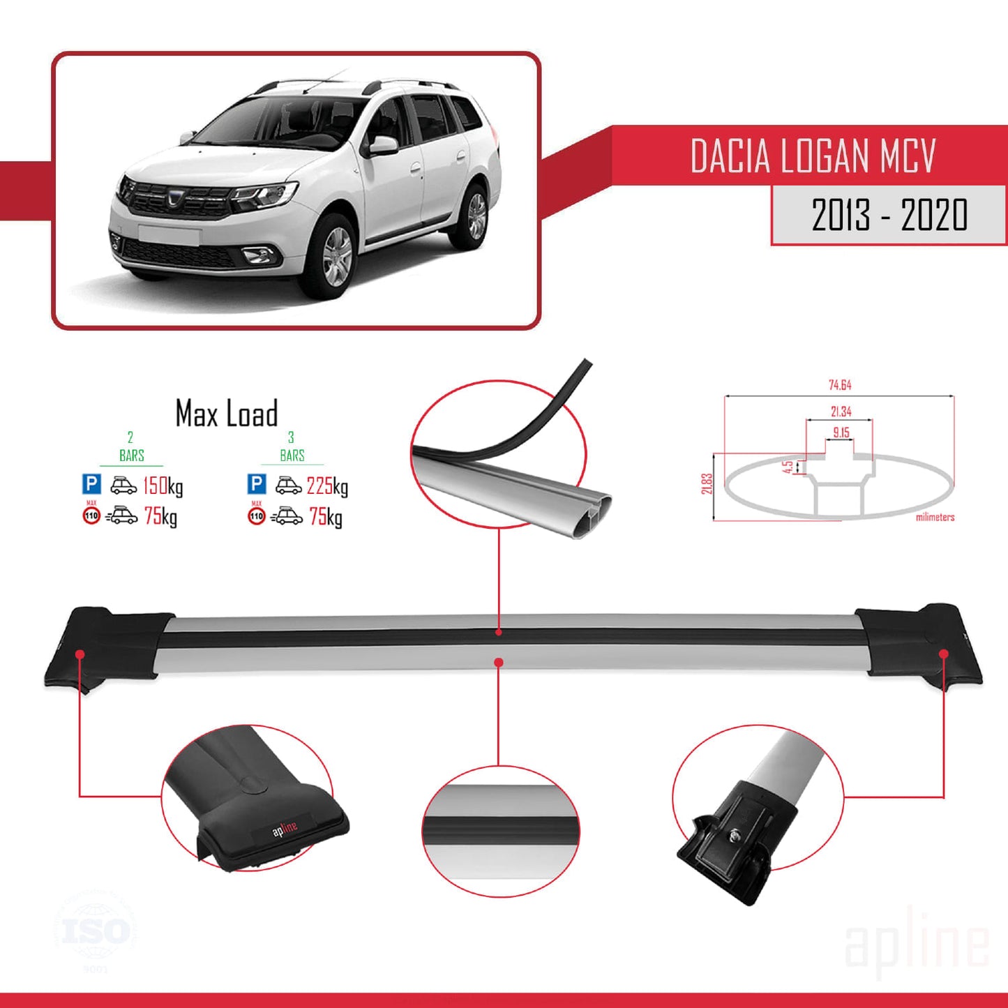 Compatible avec Dacia Logan 2 MCV (K52) 2013-2020 FLY Model Barres de Toit Railing Porte-Bagages de Voiture Gris Aluminium 2 Barres
