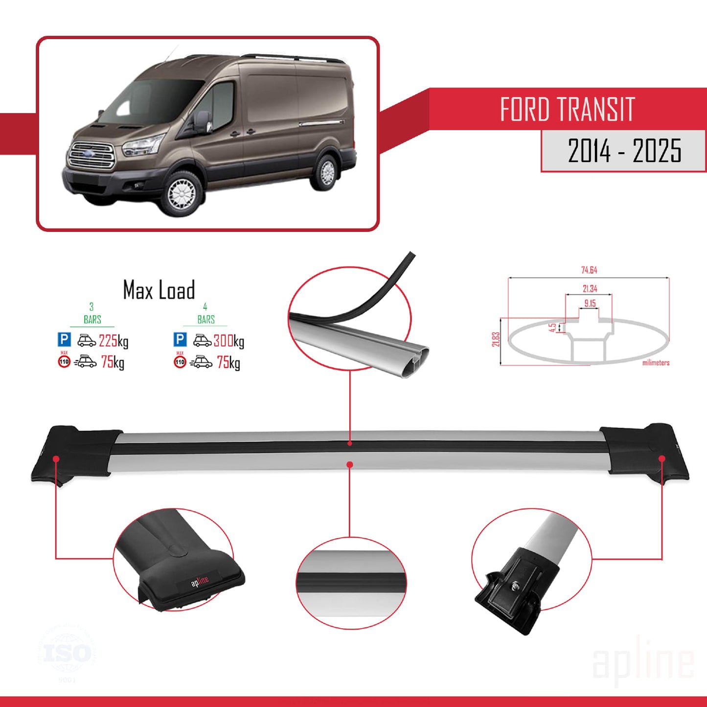 Compatible avec Ford Transit 2014-2025 FLY Model Barres de Toit Railing Porte-Bagages de Voiture Gris Aluminium 3 Barres