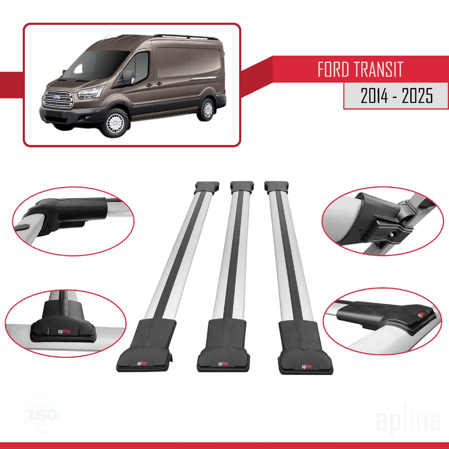 Compatible avec Ford Transit 2014-2025 FLY Model Barres de Toit Railing Porte-Bagages de Voiture Gris Aluminium 3 Barres