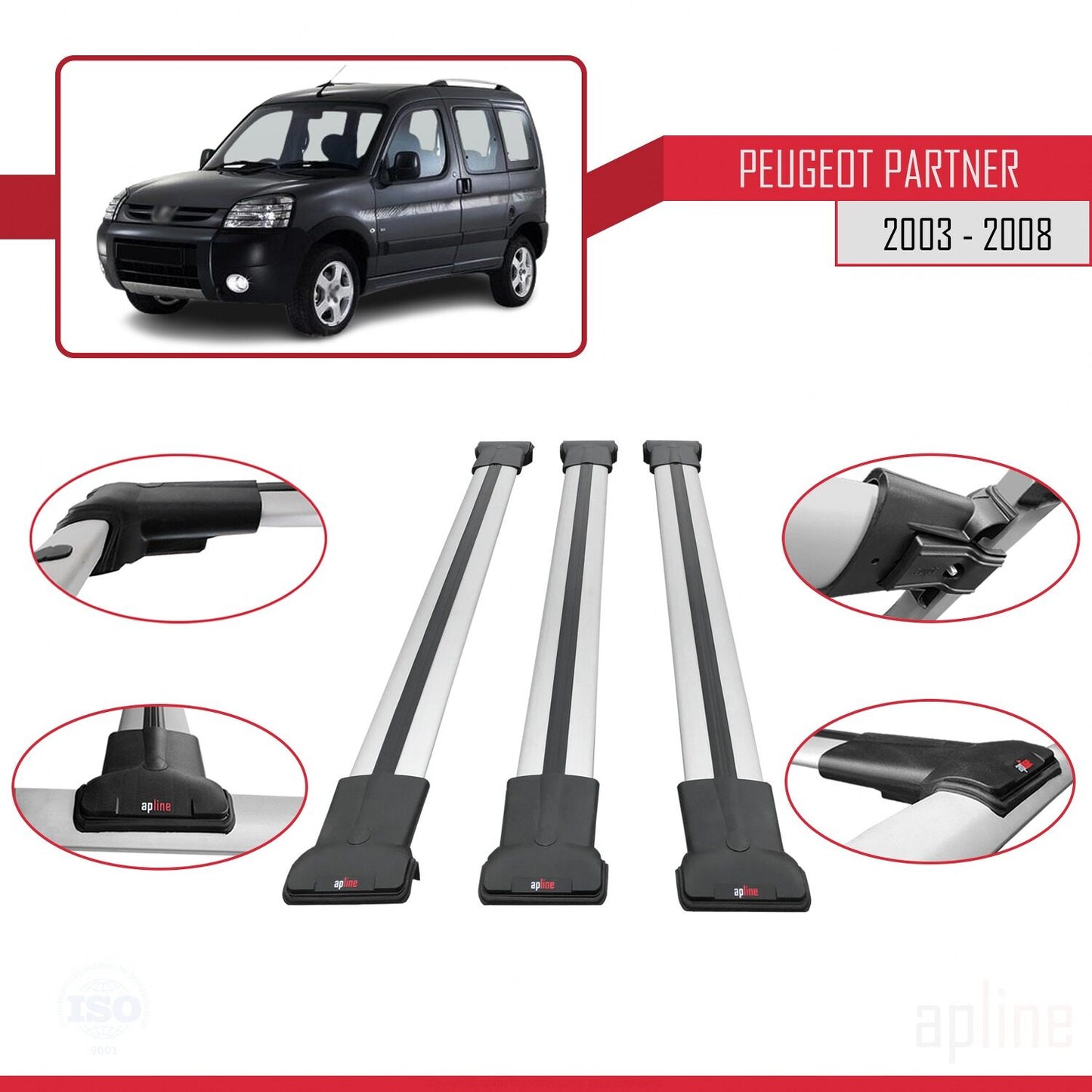 Compatible avec Peugeot Partner Post-Facelift 2003-2008 FLY Model Barres de Toit Railing Porte-Bagages de Voiture Gris Aluminium 3 Barres