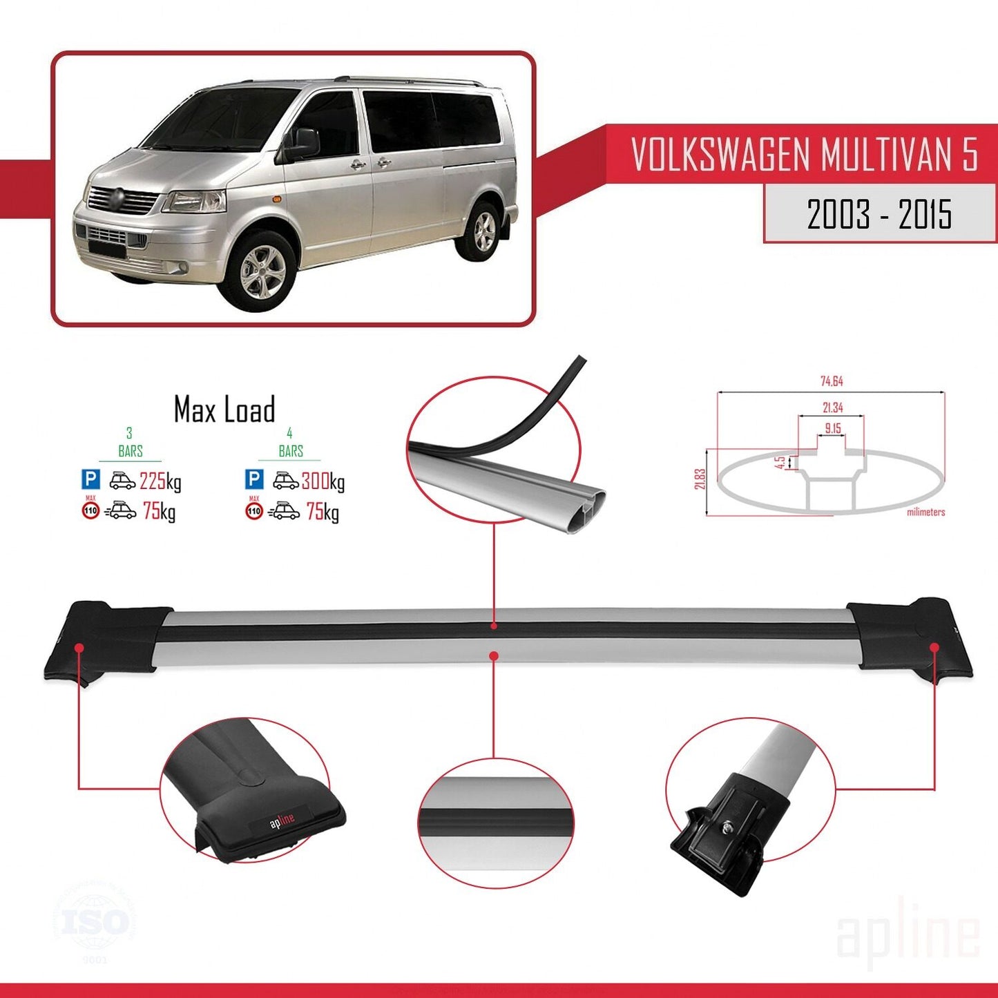 Compatible avec Volkswagen T5 Multivan 2003-2015 FLY Model Barres de Toit Railing Porte-Bagages de Voiture Gris Aluminium 4 Barres