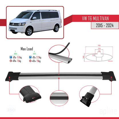 Compatible avec Volkswagen T6 Multivan 2015-2024 FLY Model Barres de Toit Railing Porte-Bagages de Voiture Gris Aluminium 2 Barres