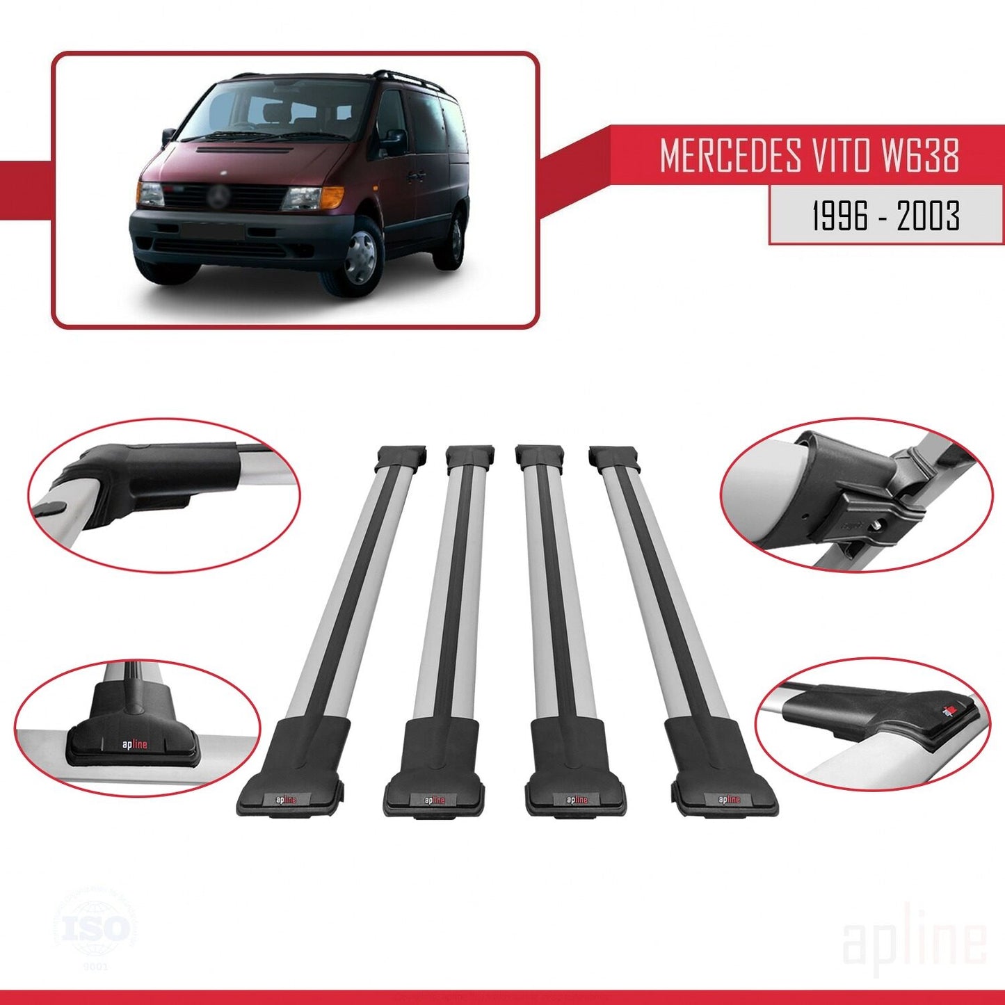 Compatible with Mercedes Vito (W638) 1996-2003 FLY Model Car Roof Rack Cross Bar Grey Aluminium 4 Bars