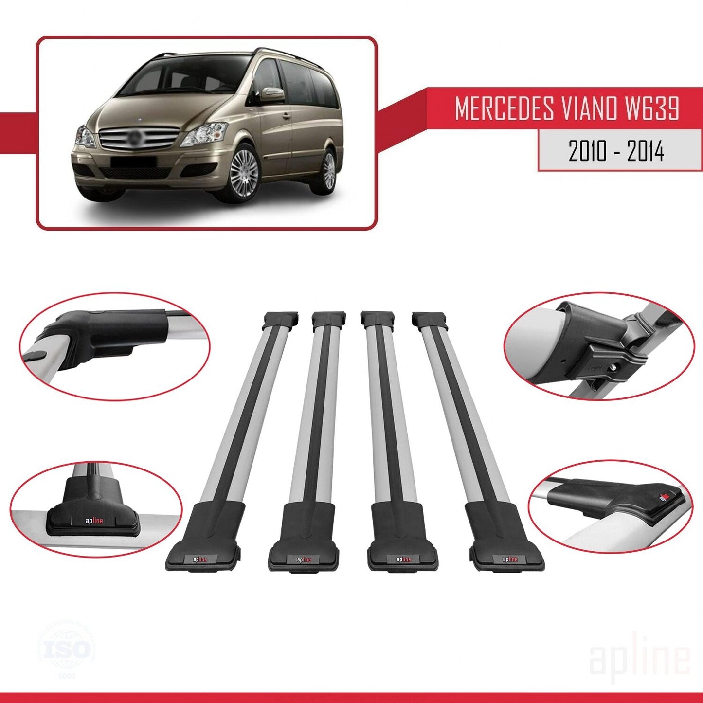 Compatible with Mercedes Viano 2 (W639) Post-Facelift 2010-2014 FLY Model Car Roof Rack Cross Bar Grey Aluminium 4 Bars