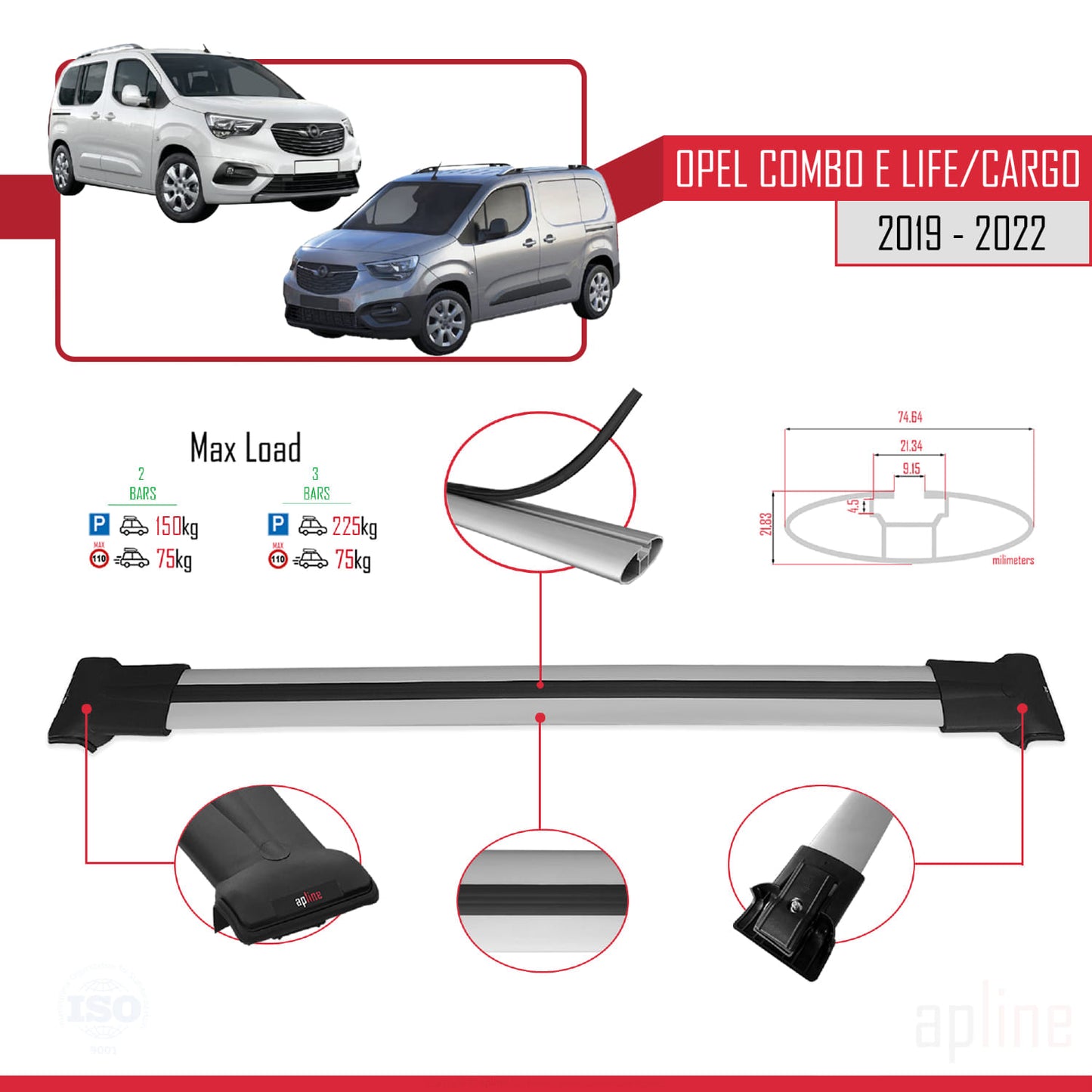 Compatible with Opel Combo E 2019-2022 FLY Model Car Roof Rack Cross Bar Grey Aluminium 2 Bars