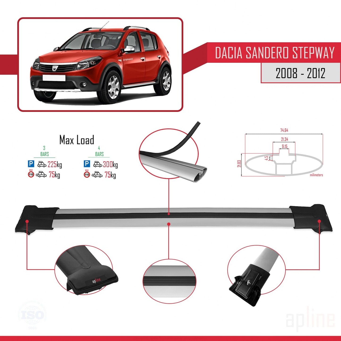 Kompatibel mit Dacia Sandero Stepway 2008-2012 FLY Modell Dachgepäckträger, graues Aluminium, 3 Stangen