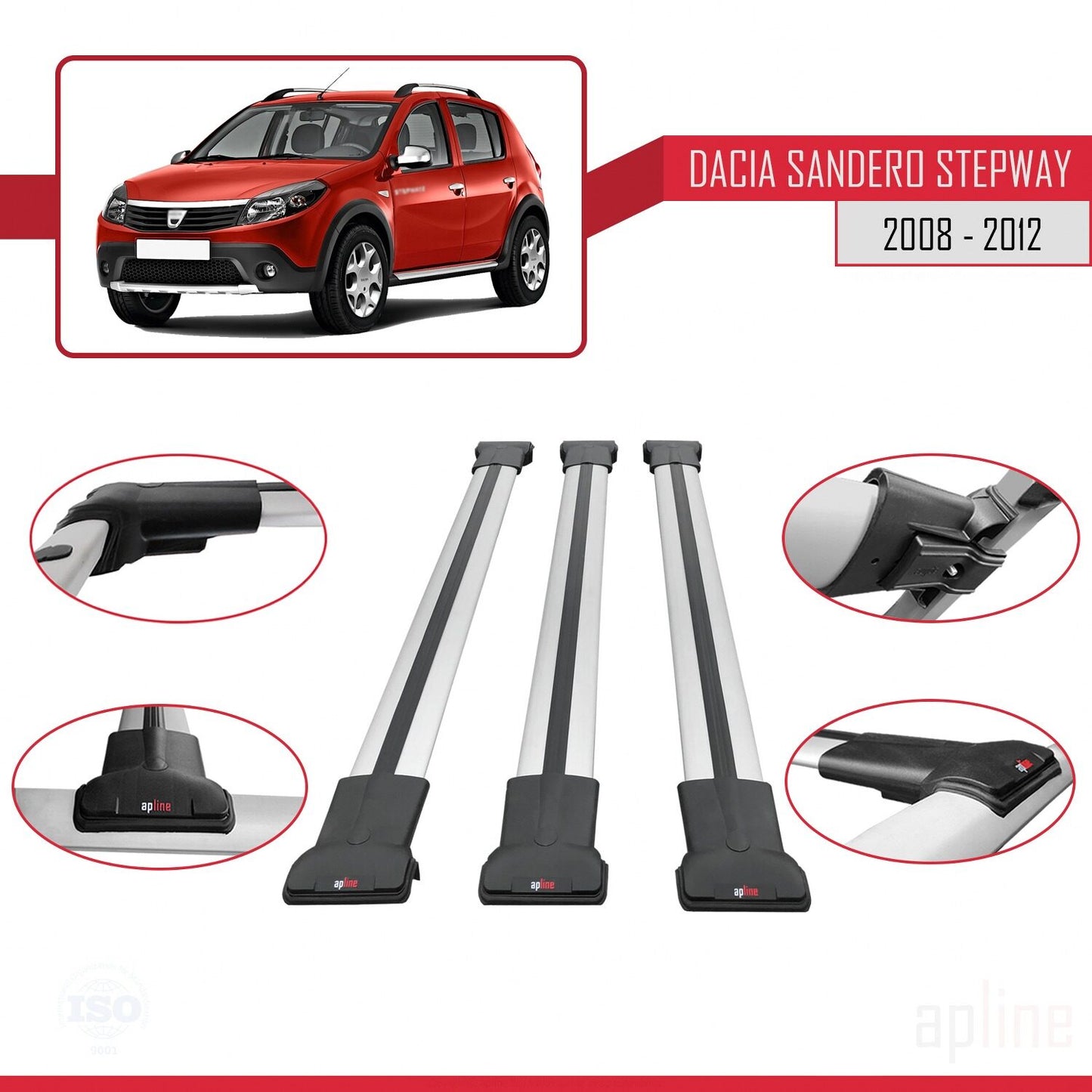 Kompatibel mit Dacia Sandero Stepway 2008-2012 FLY Modell Dachgepäckträger, graues Aluminium, 3 Stangen