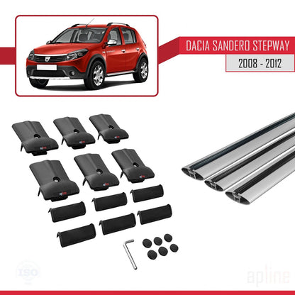 Kompatibel mit Dacia Sandero Stepway 2008-2012 FLY Modell Dachgepäckträger, graues Aluminium, 3 Stangen