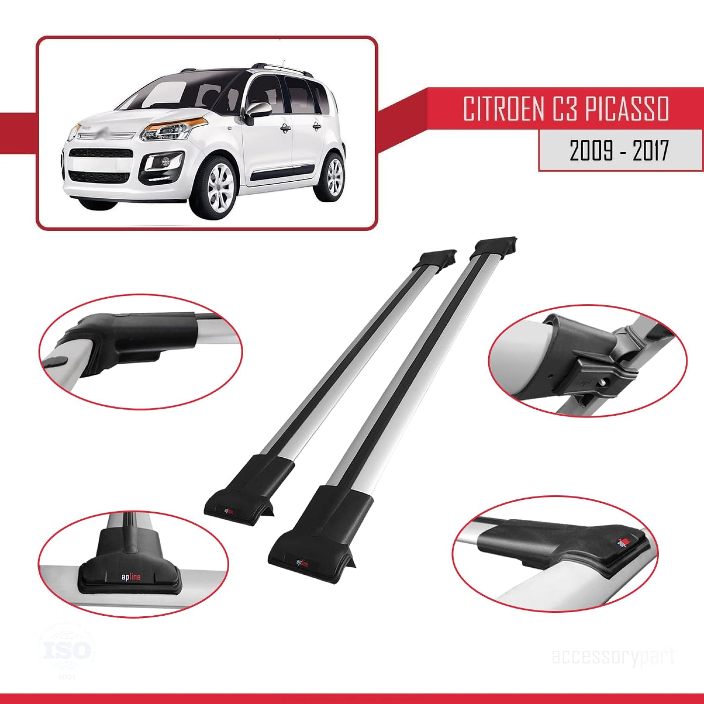 Compatible avec Citroen C3 Picasso 2009-2017 FLY Model Barres de Toit Railing Porte-Bagages de Voiture Gris Aluminium 2 Barres