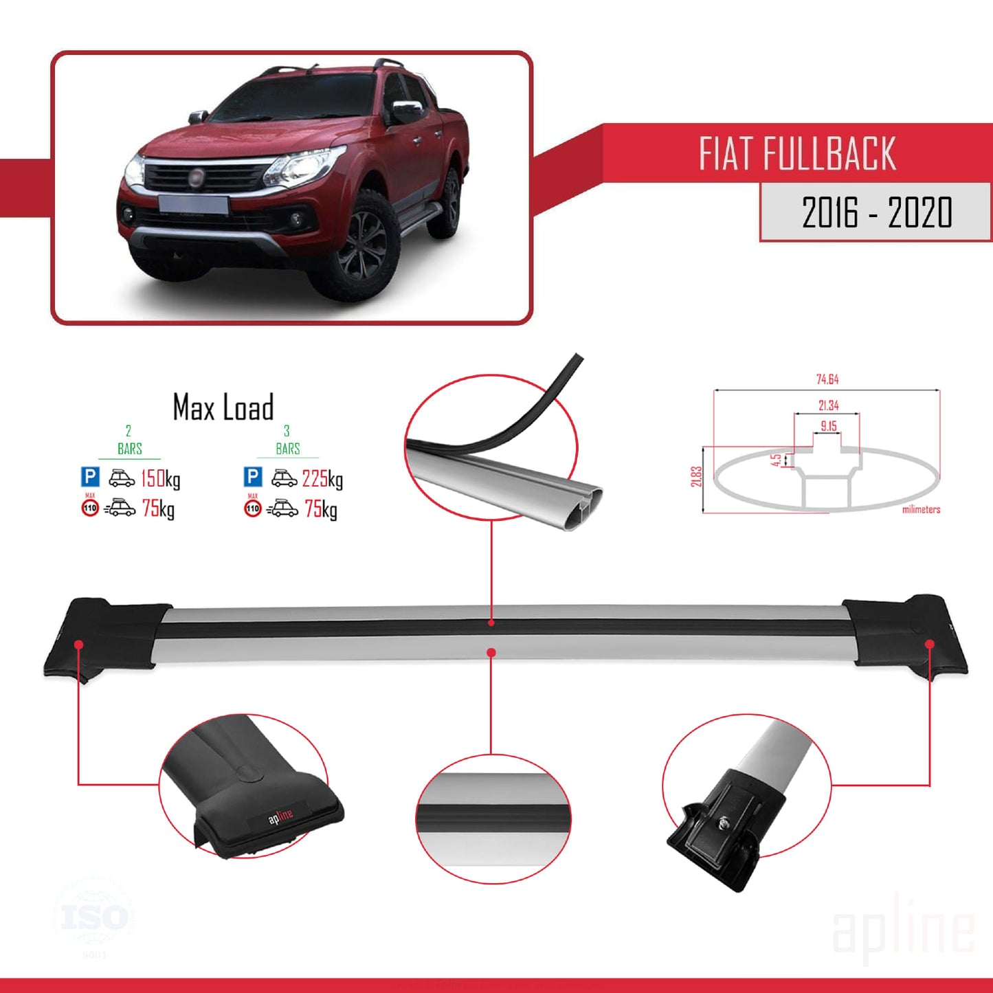 Compatible avec Fiat Fullback 2016-2020 FLY Model Barres de Toit Railing Porte-Bagages de Voiture Gris Aluminium 2 Barres