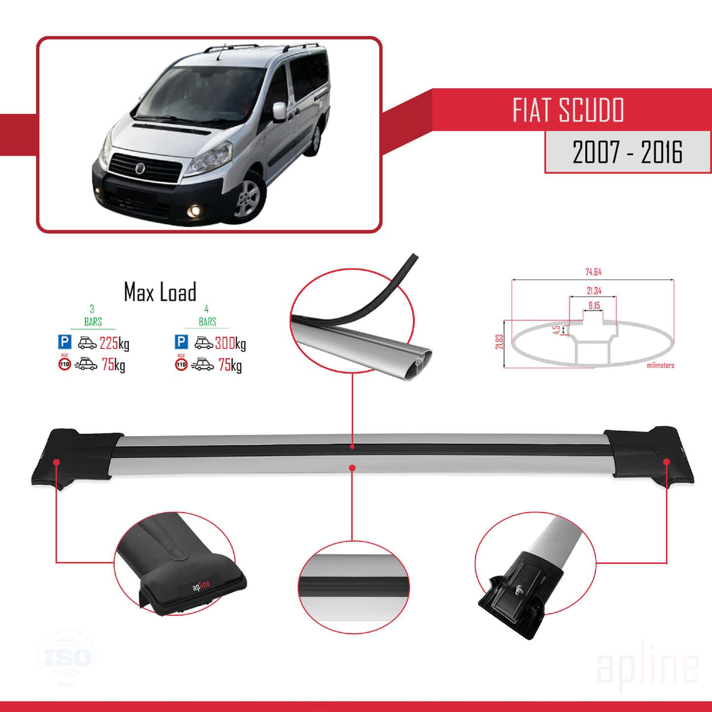 Kompatibel mit Fiat Scudo 2 2007-2016 FLY Modell Dachgepäckträger, graues Aluminium, 3-Stangen