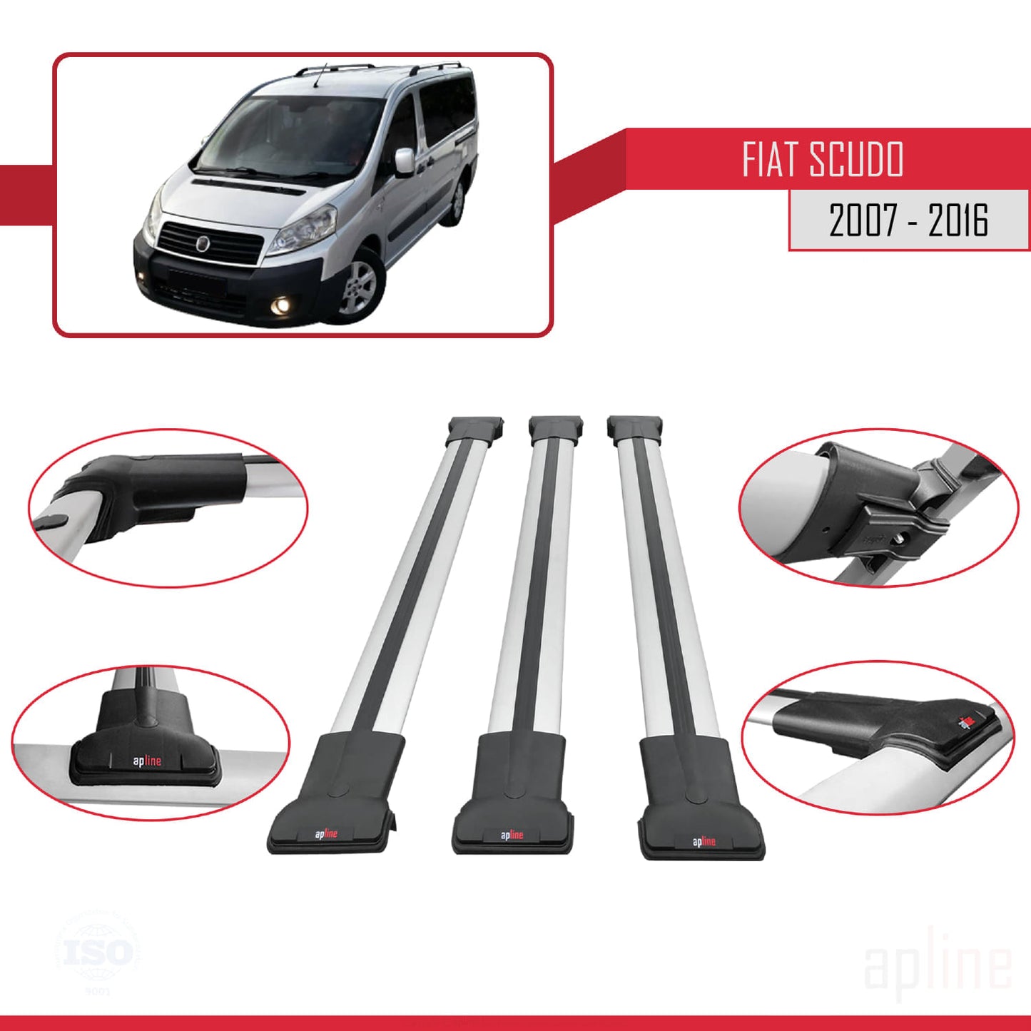 Kompatibel mit Fiat Scudo 2 2007-2016 FLY Modell Dachgepäckträger, graues Aluminium, 3-Stangen
