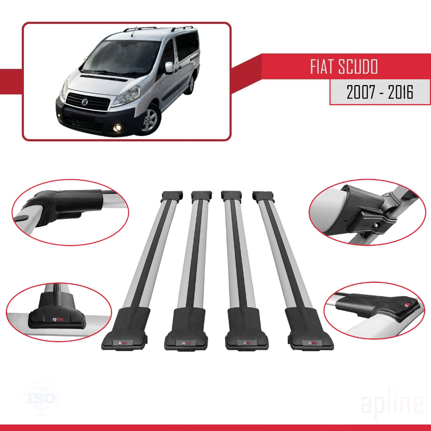 Kompatibel mit Fiat Scudo 2 2007-2016 FLY Modell Dachgepäckträger, graues Aluminium, 4 Stangen