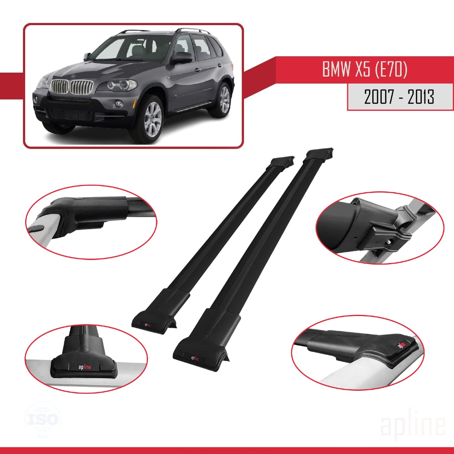 Compatible avec BMW X5 (E70) 2007-2013 FLY Model Barres de Toit Railing Porte-Bagages de Voiture Noir Aluminium 2 Barres