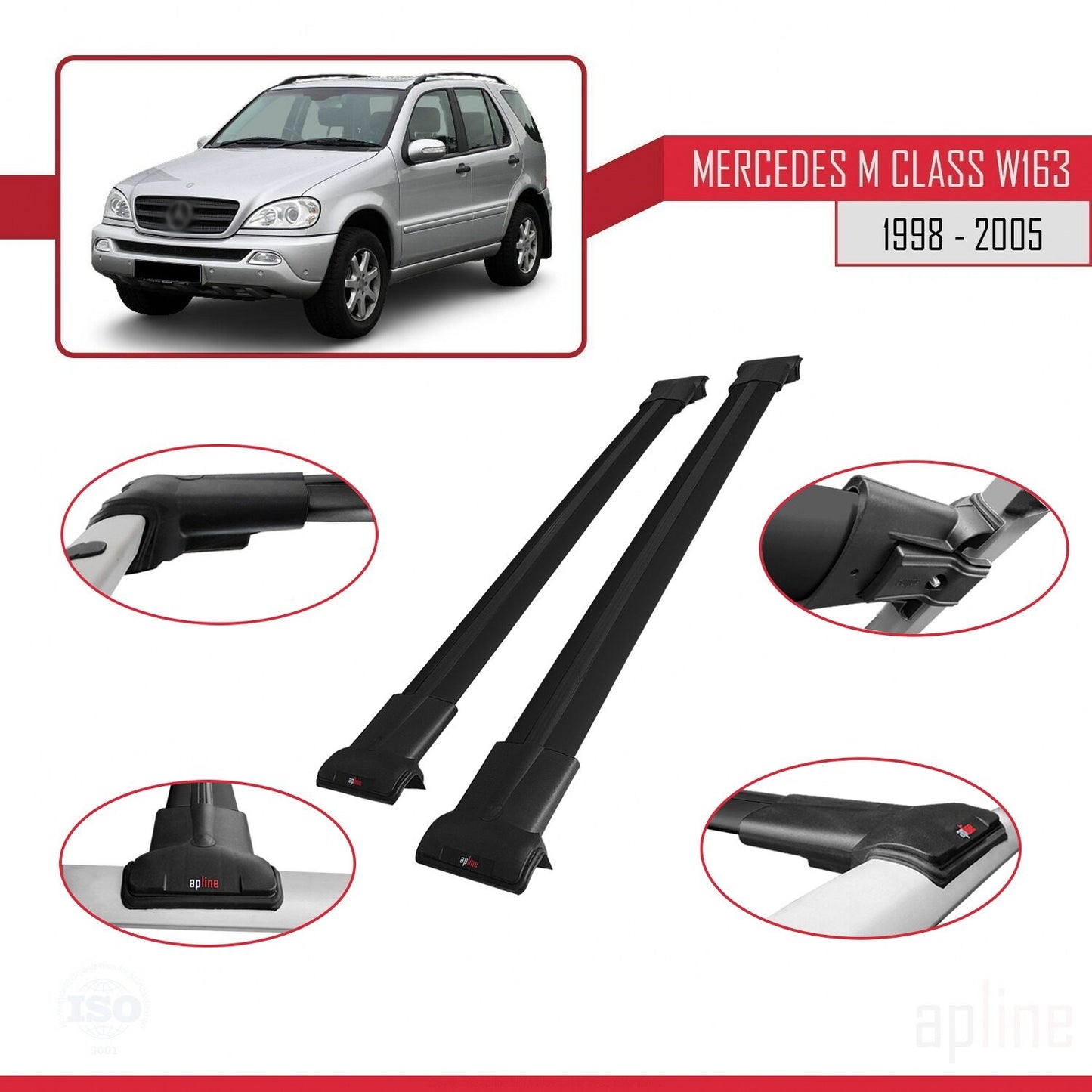 Compatible avec Mercedes Classe M (W163) 1998-2005 FLY Model Barres de Toit Railing Porte-Bagages de Voiture Noir Aluminium 2 Barres