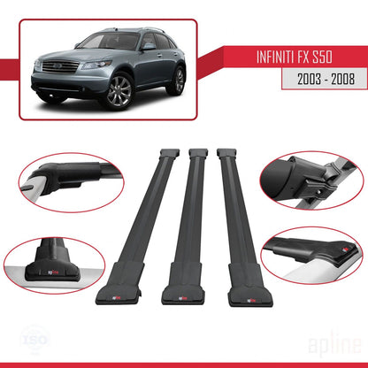 Compatible avec Infiniti FX (S50) 2003-2008 FLY Model Barres de Toit Railing Porte-Bagages de Voiture Noir Aluminium 3 Barres