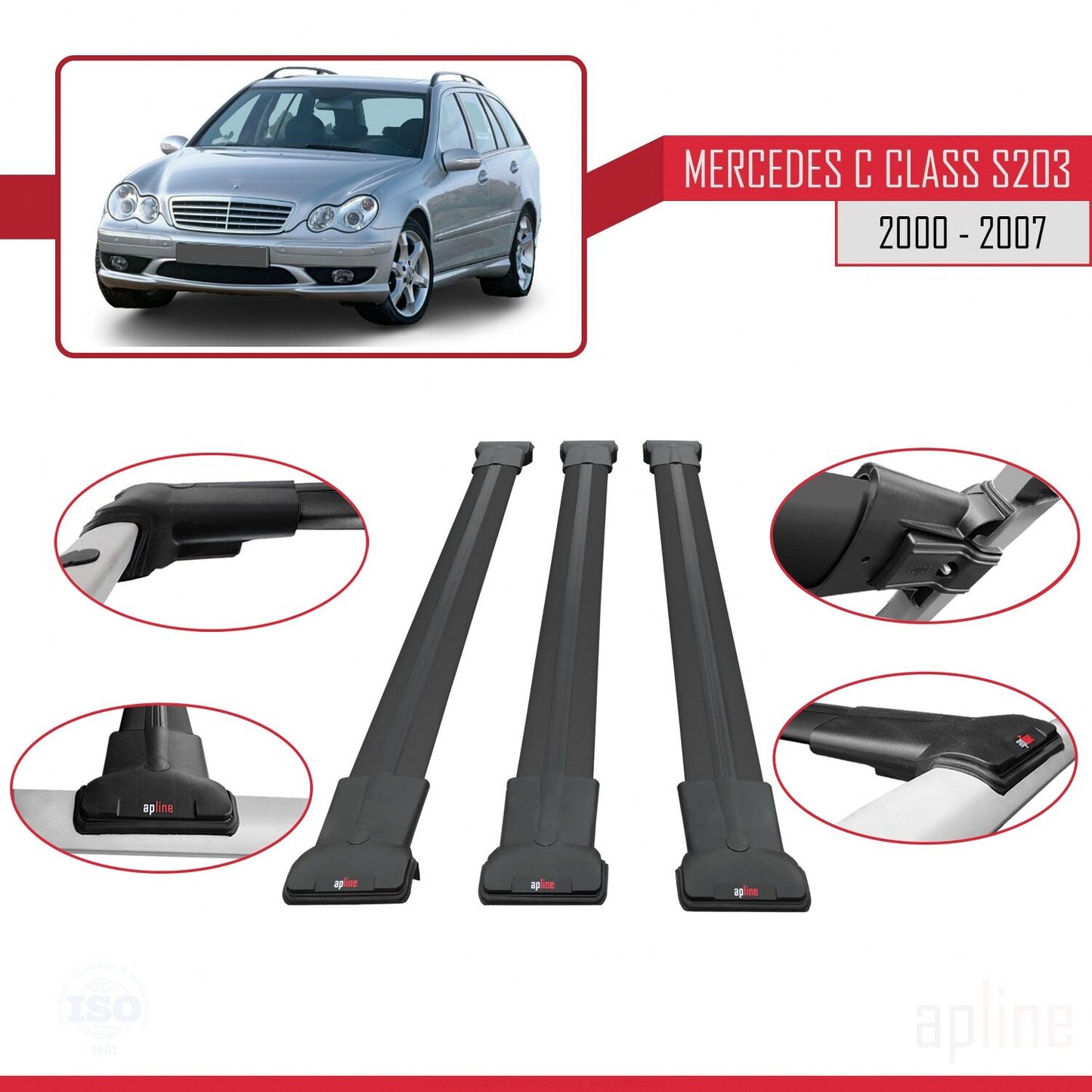 Compatible avec Mercedes Classe C 2 (S203) 2000-2007 FLY Model Barres de Toit Railing Porte-Bagages de Voiture Noir Aluminium 3 Barres